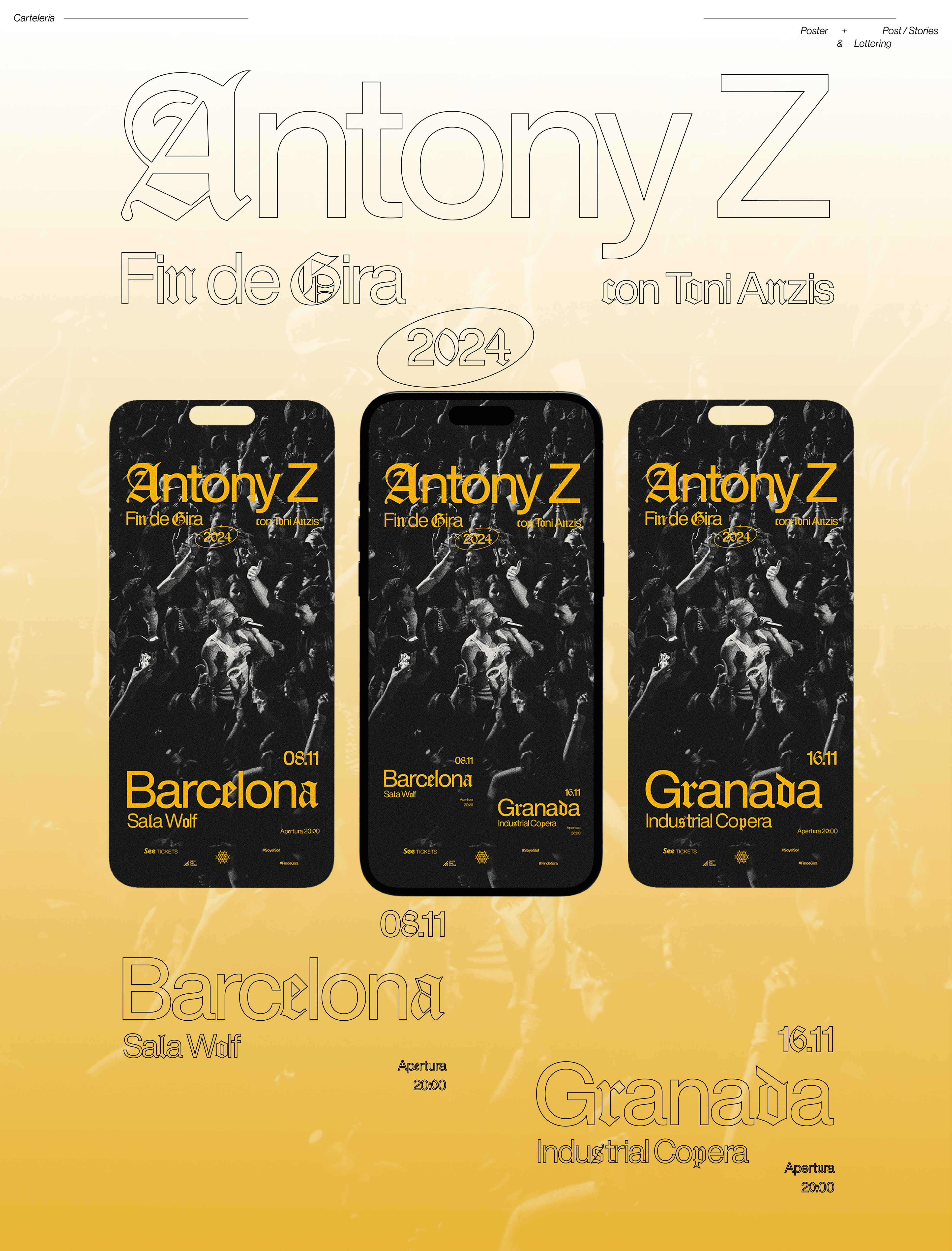Antony Z Fin de Antony Z Fin de Gira concert dates poster detail, Barcelona Sala Wolf and Granada Industrial Copera, typography design by Samu DiazGira tour poster mockup on mobile, Barcelona and Granada concerts 2024, music graphic design by Samu Diaz