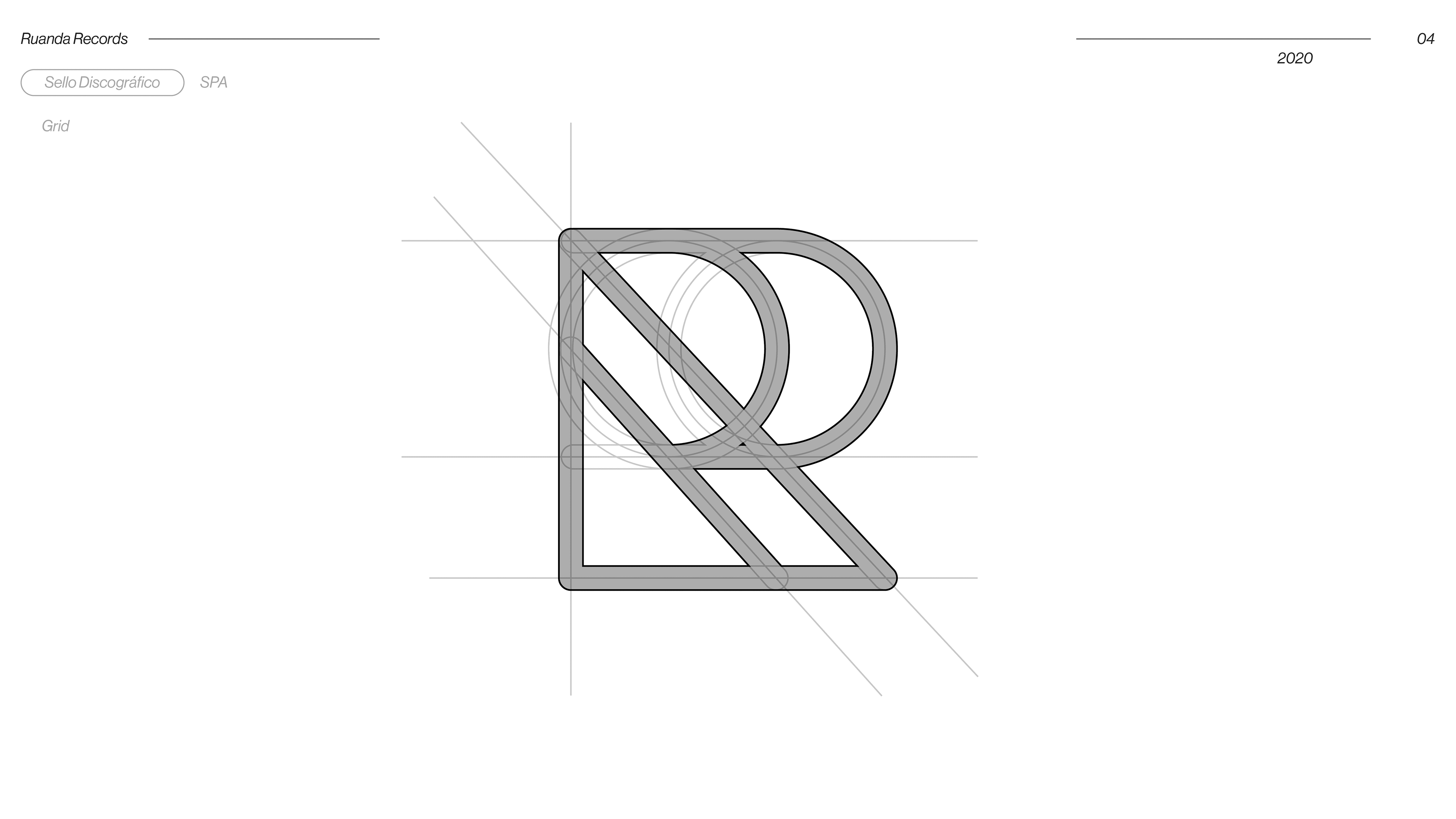 Ruanda Records logo construction grid, geometric R lettermark with diagonal lines, brand identity 2020