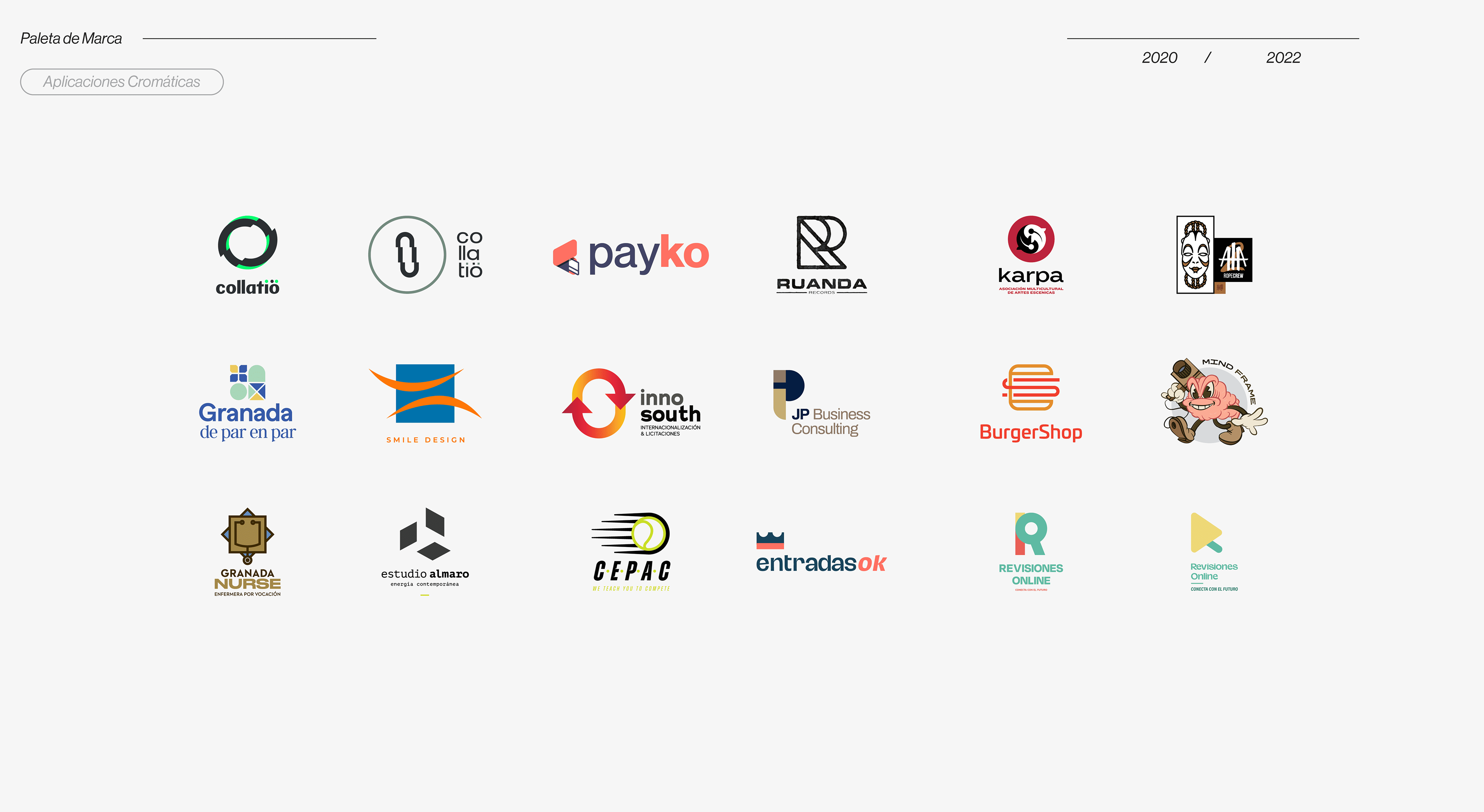 Logofolio 20/22 brand identity collection grid, 18 logos for artists musicians and brands, paleta de marca 2020-2022