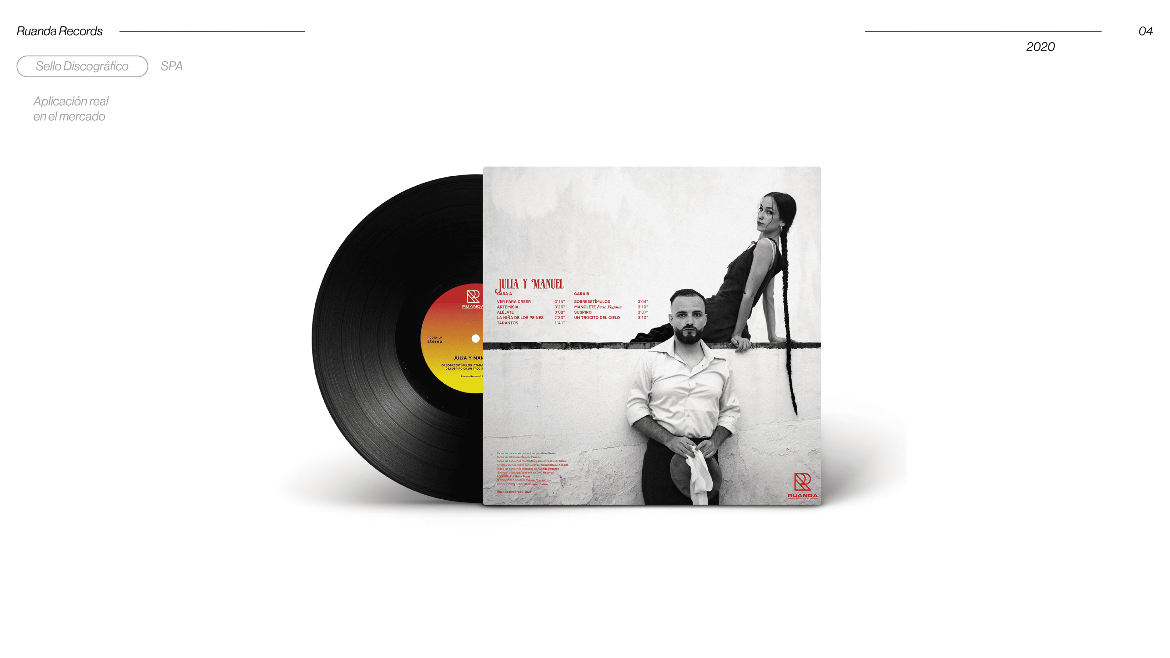 Ruanda Records logo applied on vinyl record and album cover, sello discografico brand identity real world application 2020