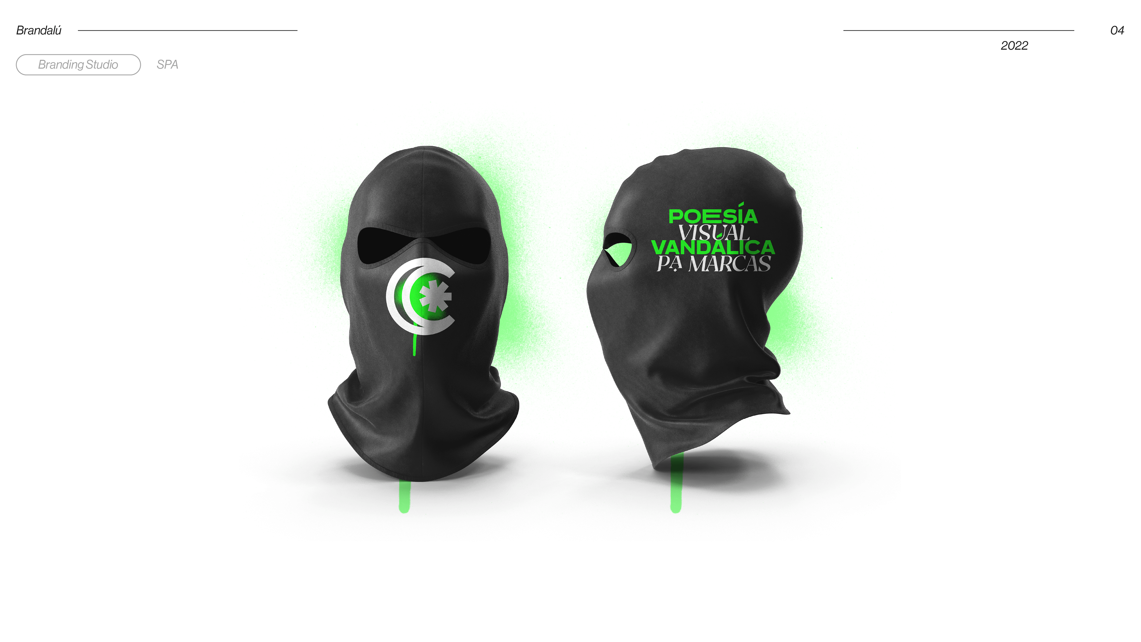 Brandalu logo applied on balaclava mask merchandise mockup with neon green glow, brand identity by Samu Diaz 2022