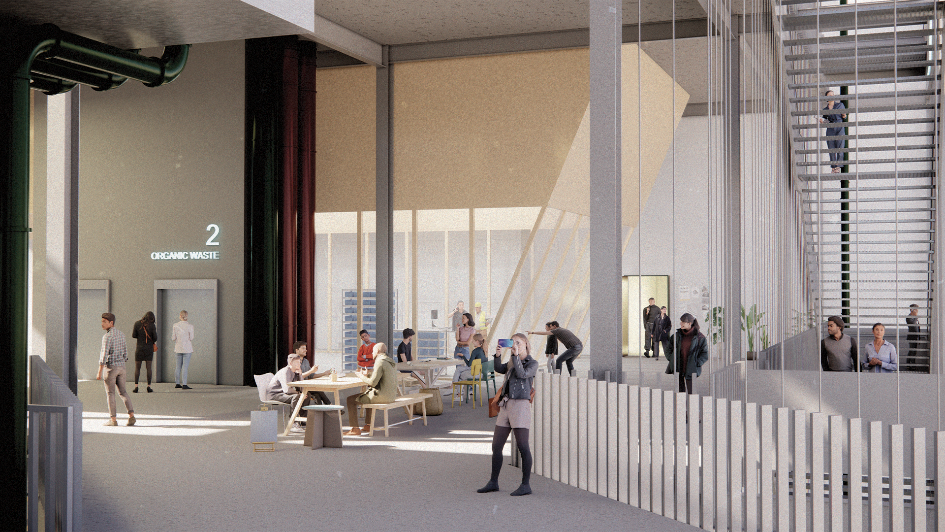 Artist Terrace - The site location gives opportunity to invite neighbour artists from the Nicholas building to create new recycled products in tower 2. Tower 2 is linked to Nicholas building by opening the corridor from its existing layout - giving back the natural lighting and views as well as additional communal space for the existing users after this new development