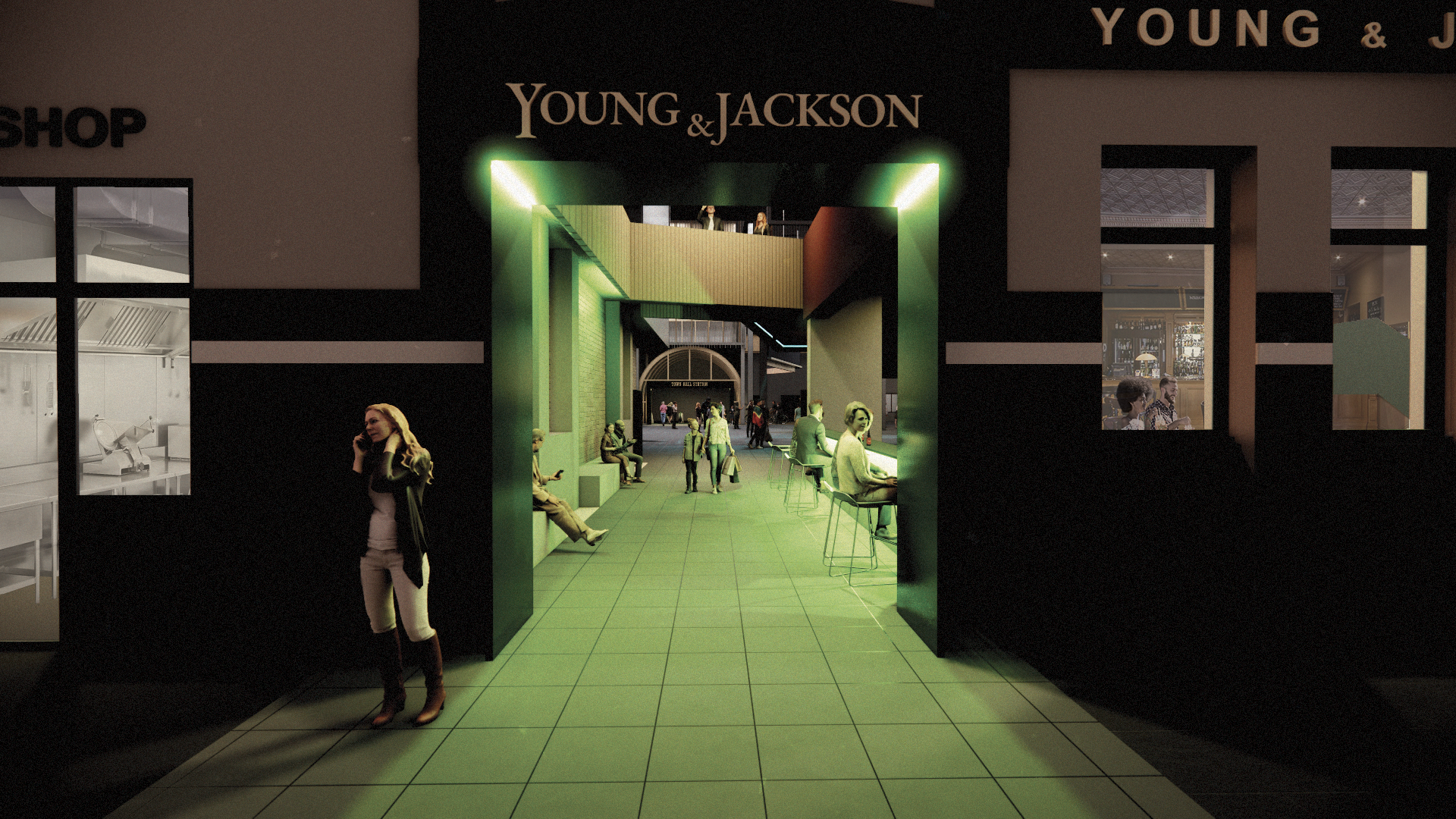 Young & Jackson Lane - A new proposed Young and Jackson Lane will provide shortcut between Flinders St and Station Entry and encourage interaction of pub and commuters through seating arrangement. 