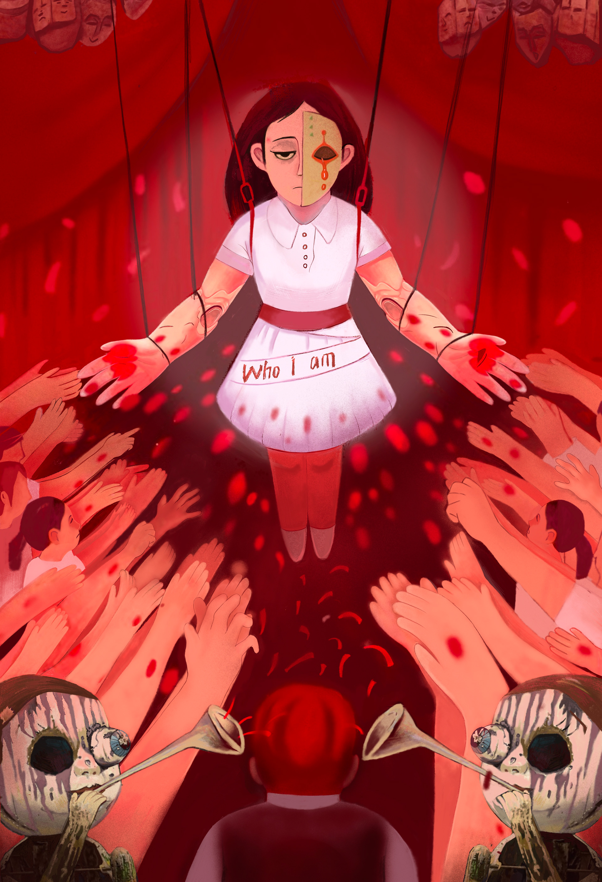 A series of four conceptual illustrations addressing themes of identity, social constraints, and inner conflict.  Visual language: dark, symbolic, and emotionally charged.  Focus: how individuals navigate between traditional values and modern expectations.