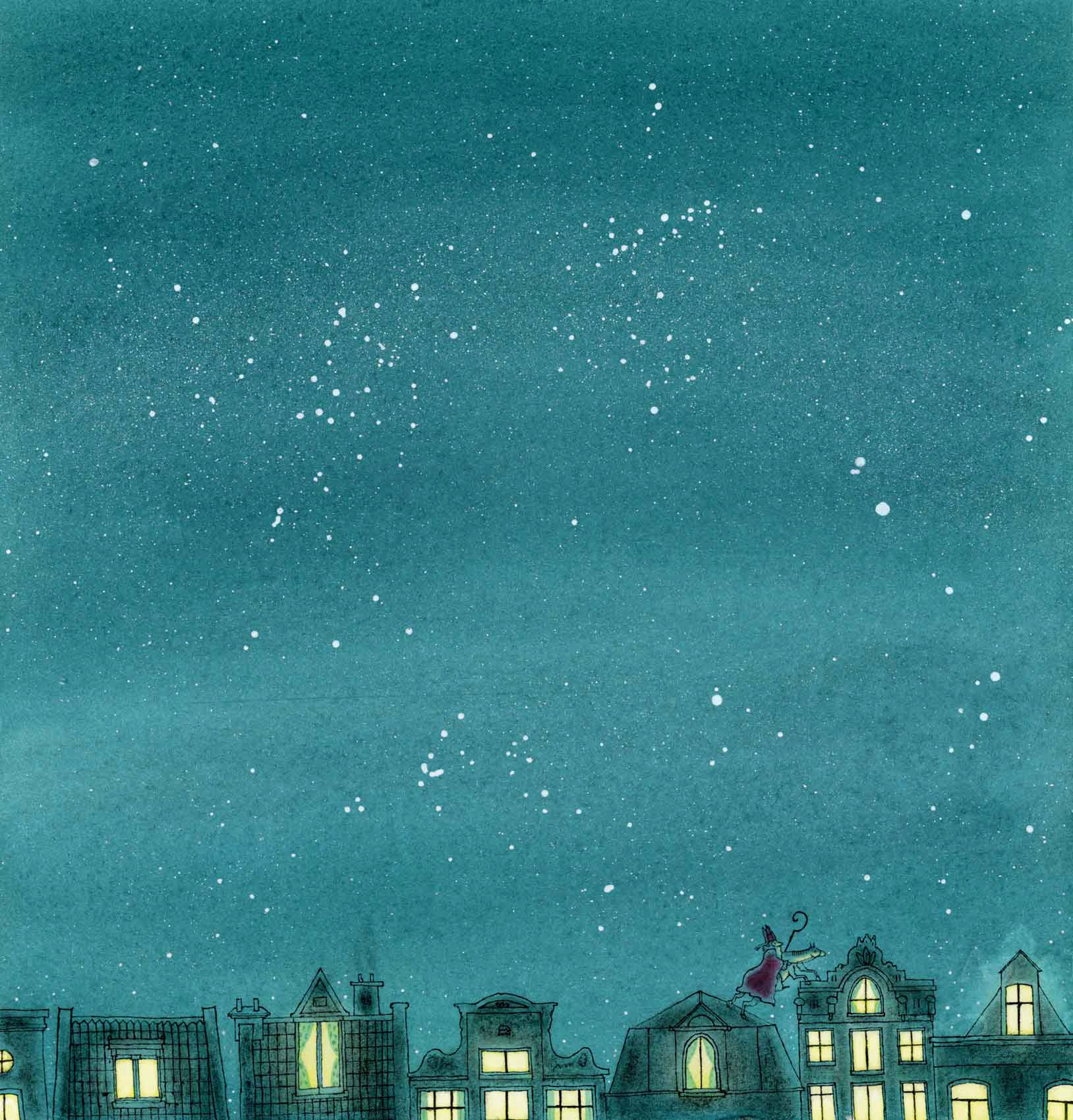 Whimsical children's book illustration in fineliner and watercolor showing Sinterklaas (the Dutch Saint Nicholas) riding his white horse across the rooftops of Amsterdam under a dark blue starry night sky with glowing windows below. Personal artwork by Marie-Jose Bremer.