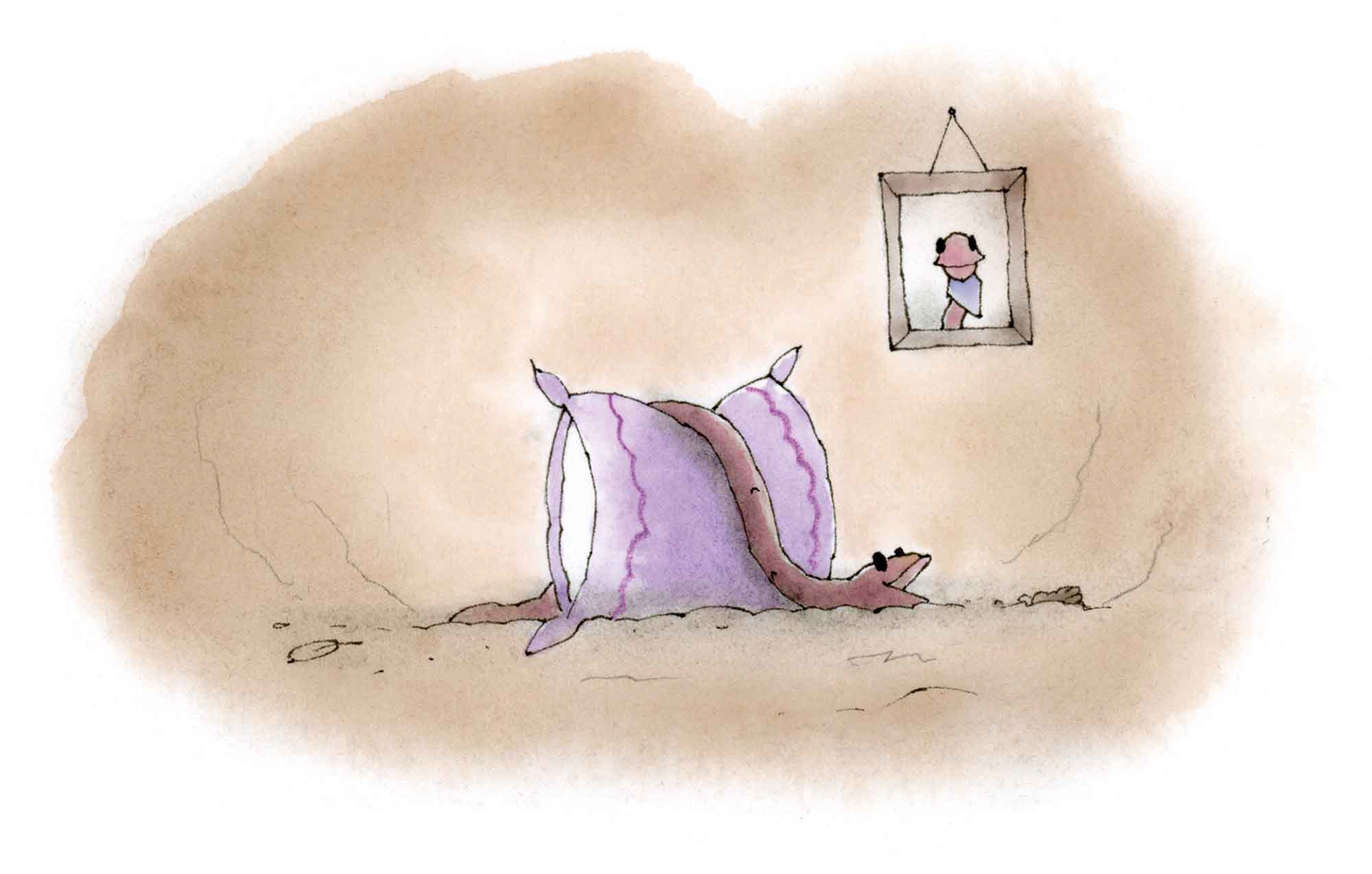 Kinderboekillustratie voor een versjesboek van Marianne Busser en Ron Schröder. Te zien is een blinde slang die als huisdier op een groot slaapkussen in een nest met uilskuikens ligt, met op de achtergrond een ingelijst fotootje van de slang met een sjaaltje om. Geïllustreerd door Marie-Jose Bremer.