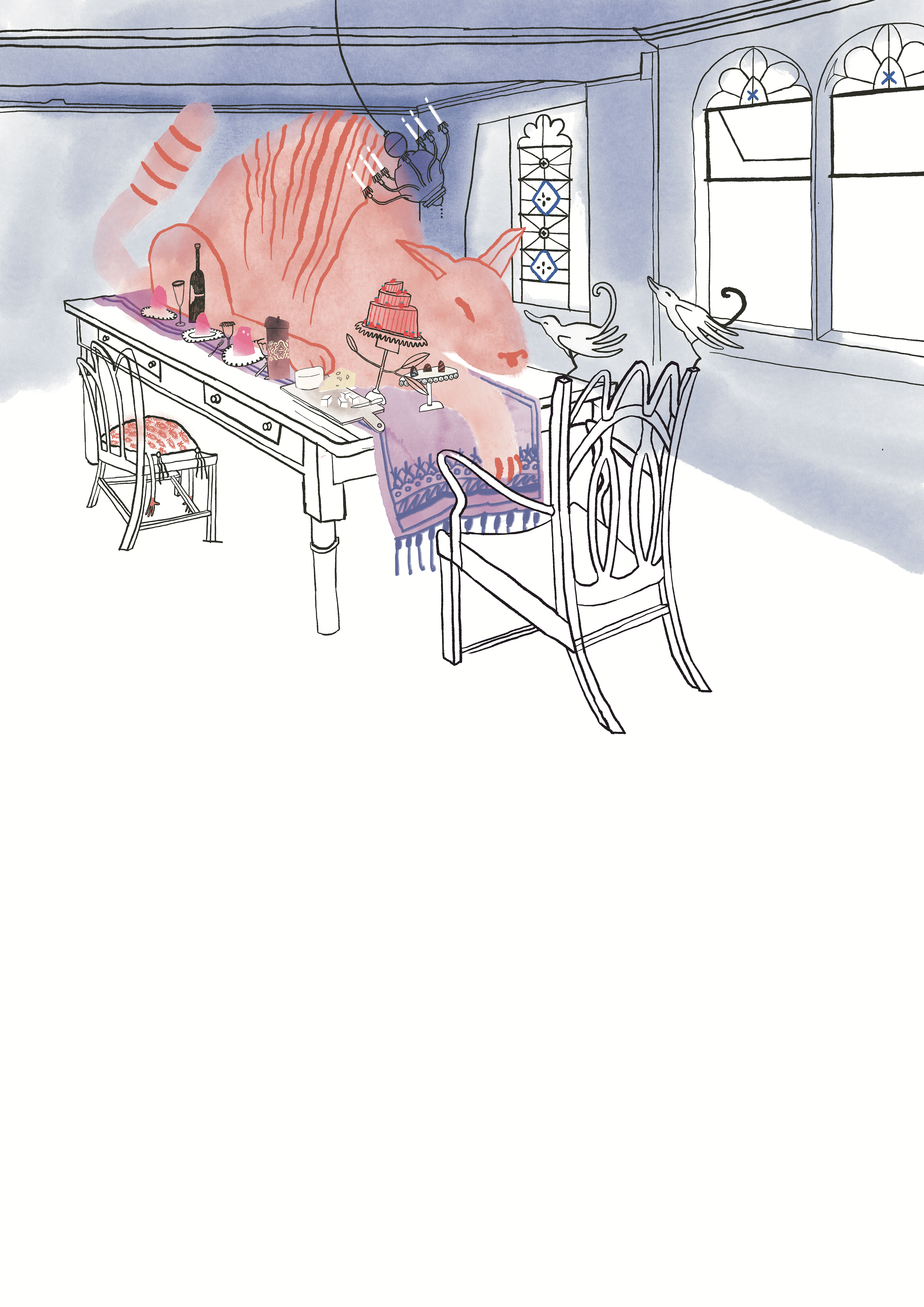 A chilldren’s illustration where a cat is laying on top of a table full with good foods and pies. Illustration by Marie-josé Bremer 