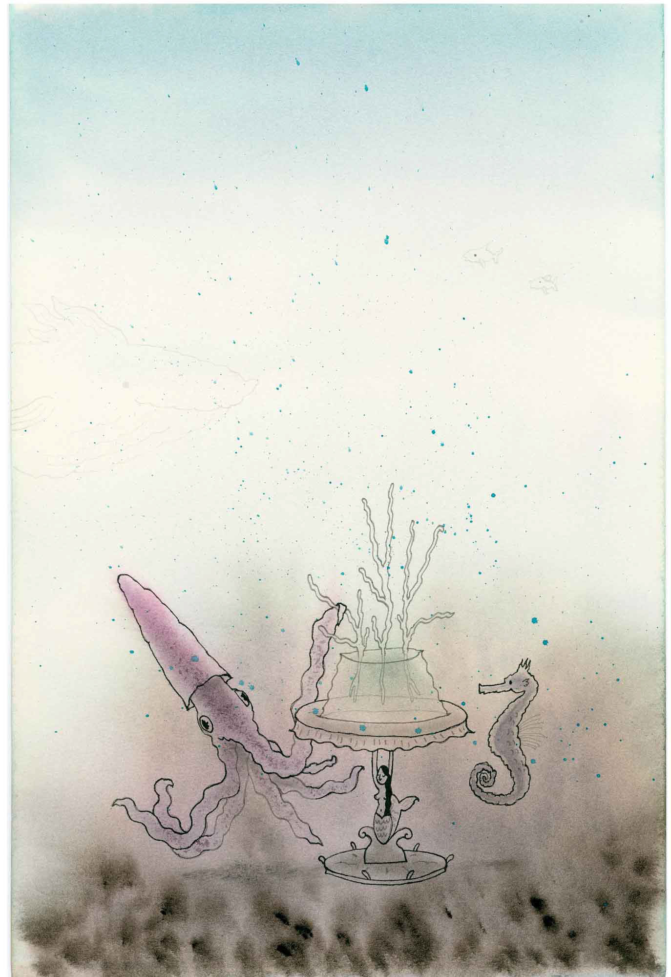 Whimsical children's book illustration in watercolor and fineliner showing an octopus and a seahorse swimming underwater next to a translucent jello dessert served on a glass cake stand. Personal artwork by Marie-Jose Bremer.
