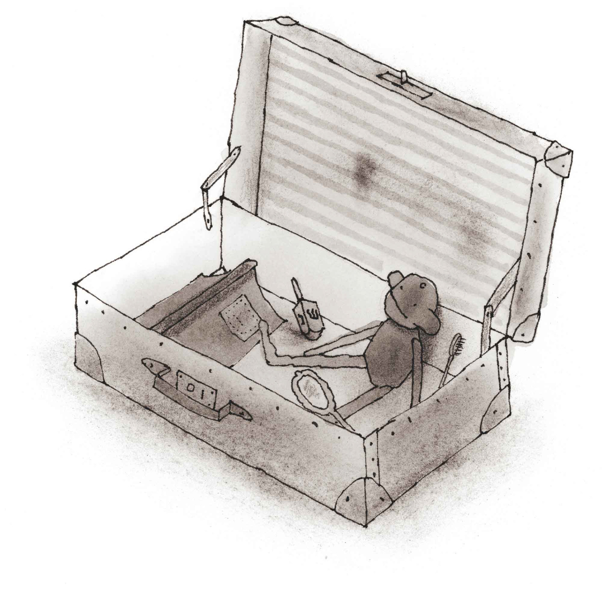 Historische boekillustratie in inkt en waterverf voor 'Stel dat het morgen vrede wordt' van Ron en Jette Schröder. Te zien is een opengevallen reiskoffertje van een Joods kind uit de Tweede Wereldoorlog met een dreidel, tandenborstel, tandenborstel, spiegeltje, popje en schriftje. Geïllustreerd door Marie-jose Bremer.