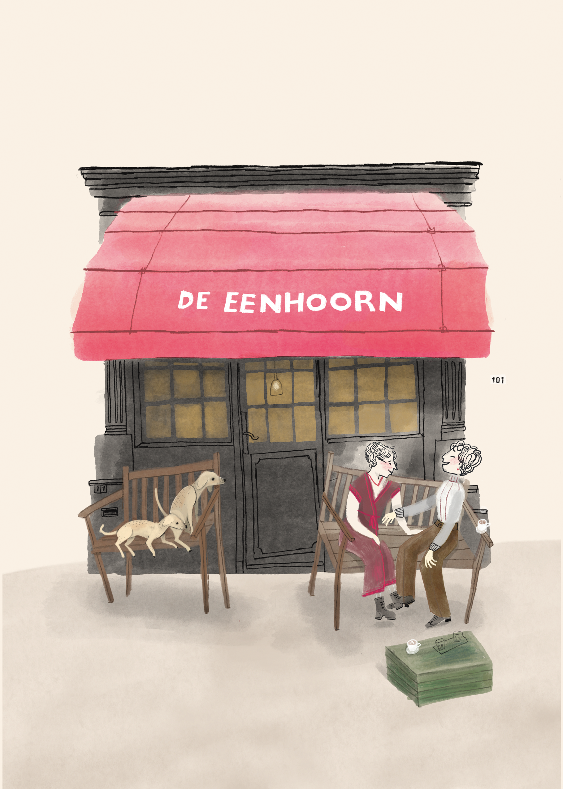 An illustration of two ladies sitting on a bench for a coffee house. Two dogs are sitting on a bench next to them, watching their cookies. Illustration by Marie-josé Bremer  