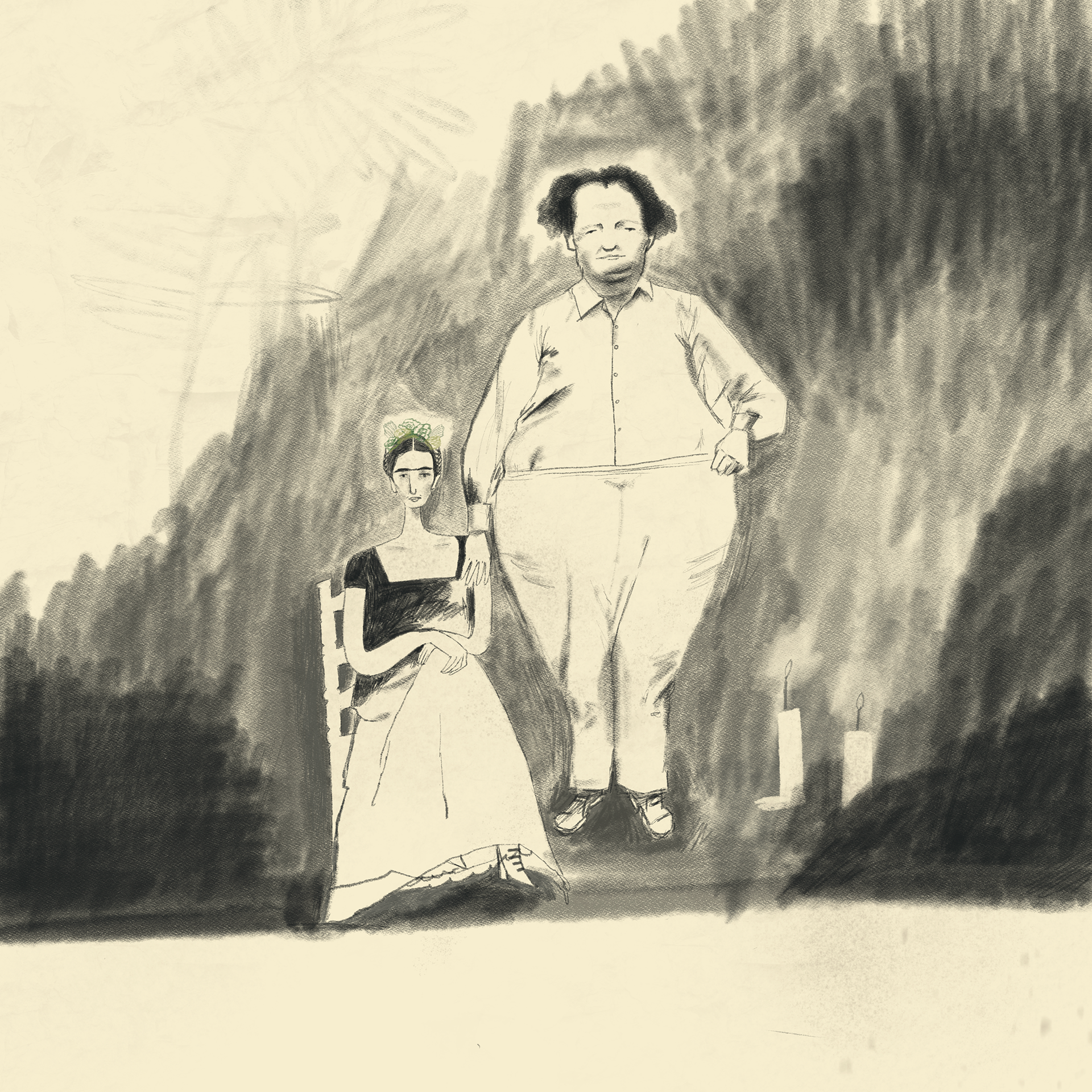 A black and white illustration made with pencil by Marie-josé Bremer. It’s a portrait of Frida Kahlo sitting on a chair posing with Diego next to her. 