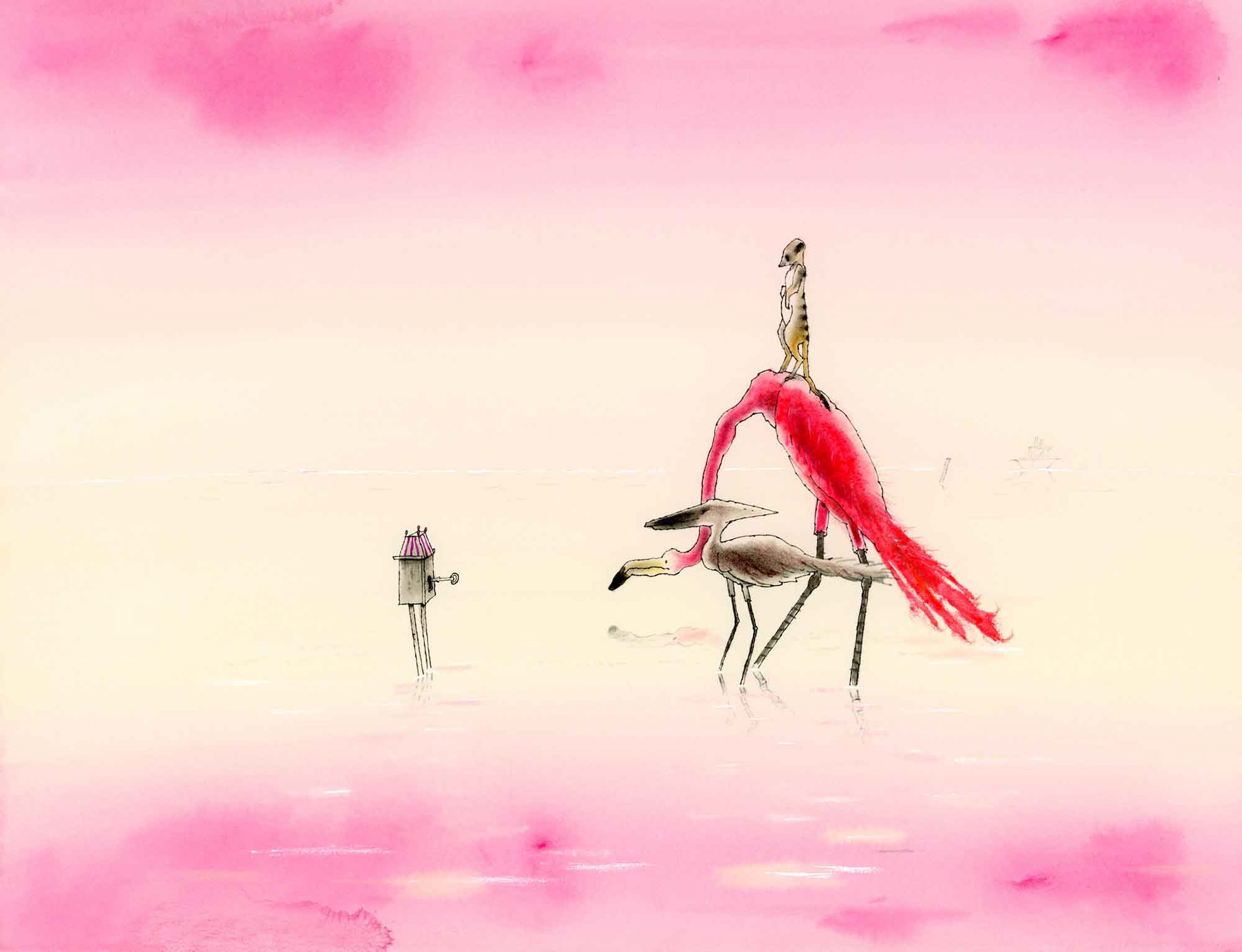 Whimsical fantasy illustration in watercolor and ink featuring two curious birds, with a meerkat riding on the back of one, looking at a music box with a key inside submerged in water. The water reflects the animals, created in a soft yellow and pink color palette. Drawn by Marie-Jose Bremer.