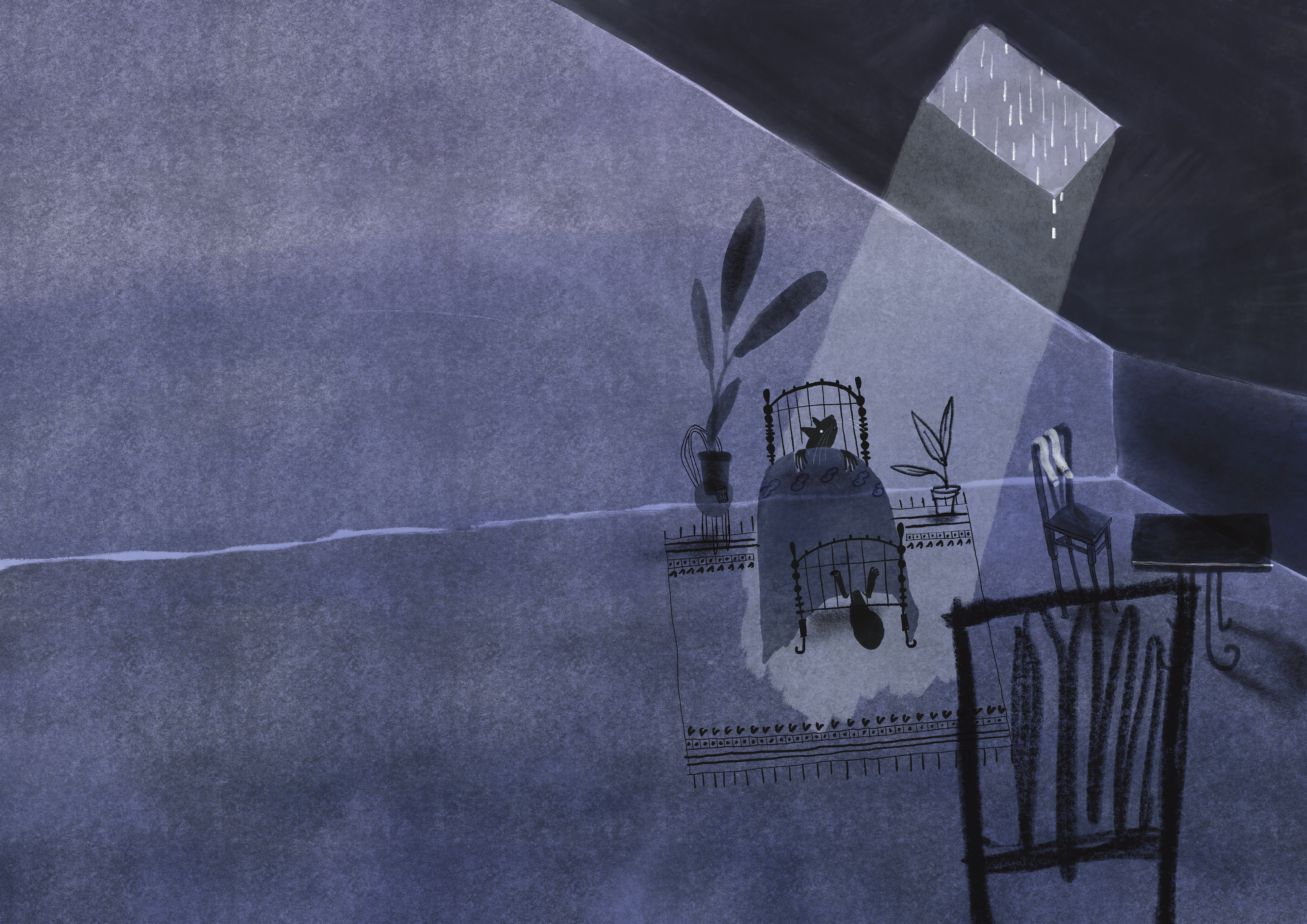 A children’s illustration of squirrel laying in bed in the dark, listening to the rain and watching at his window. Illustration by Marie-josé Bremer 