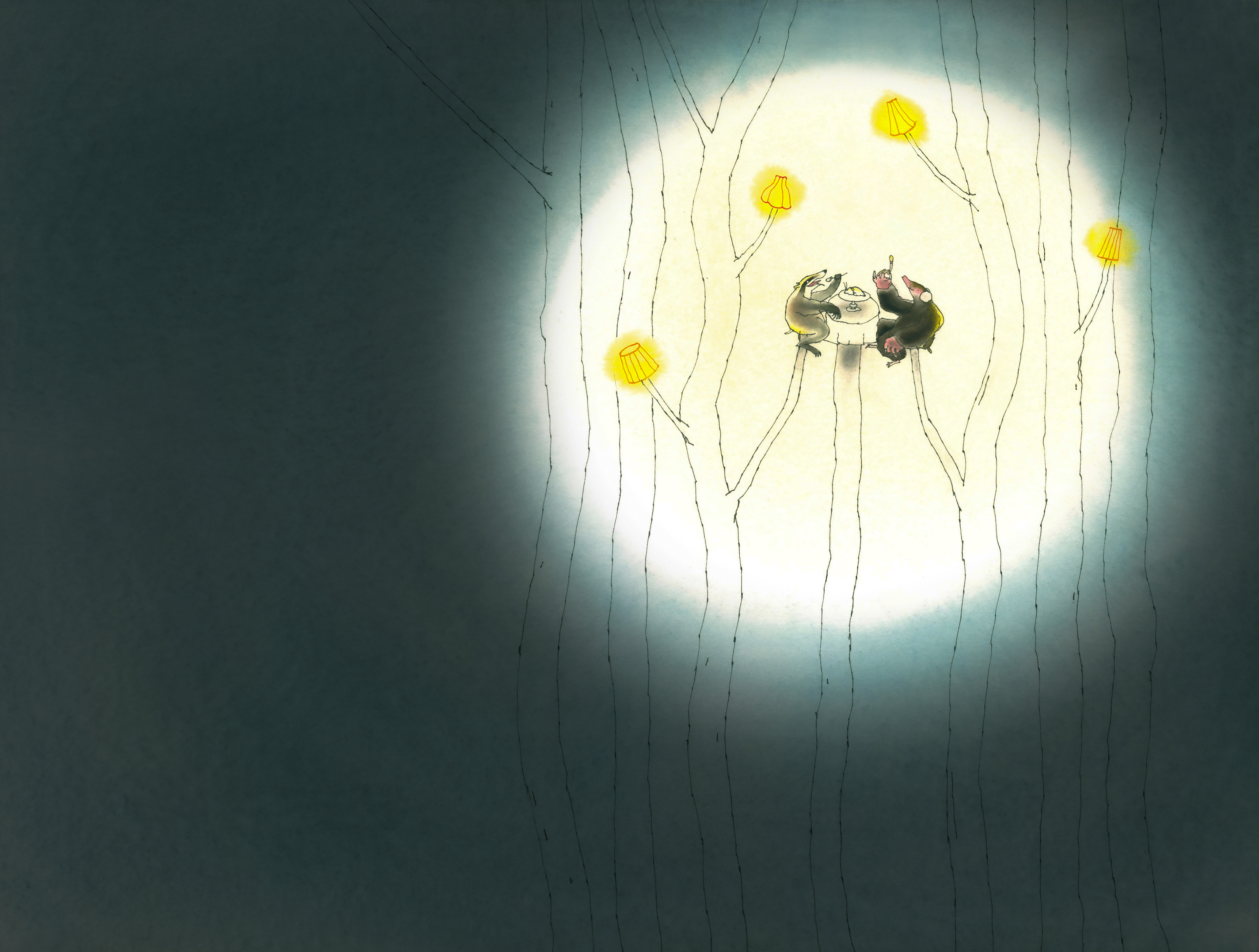 picturebook, badger and mole in the woods eating diner with little lights in the trees. Watercolor painting. 