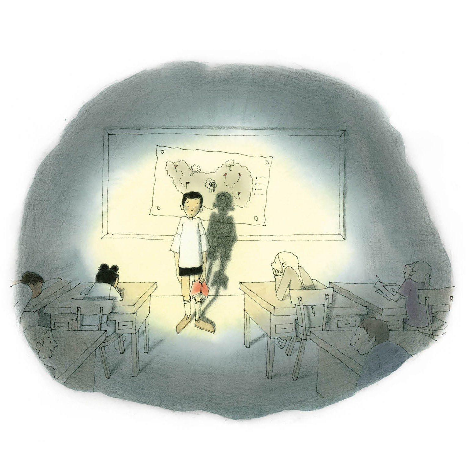 An illustration from Simon en Oswald, written by Sara Schevenels and published by Uitgeverij De Eenhoorn, with illustrations by Marie-José Bremer. Simon stands in front of his classroom to give a presentation, looking nervous and anxious as he struggles with his fear of failure. The other children watch with bored expressions.