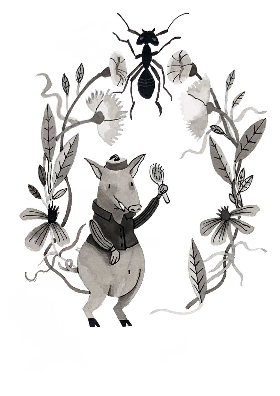 A black and white illustration made in ink. A pig is surrounded by a circle of plants. On top of him is an ant. The pig is wearing a jacket and a fez. Illustration by Marie-josé Bremer 