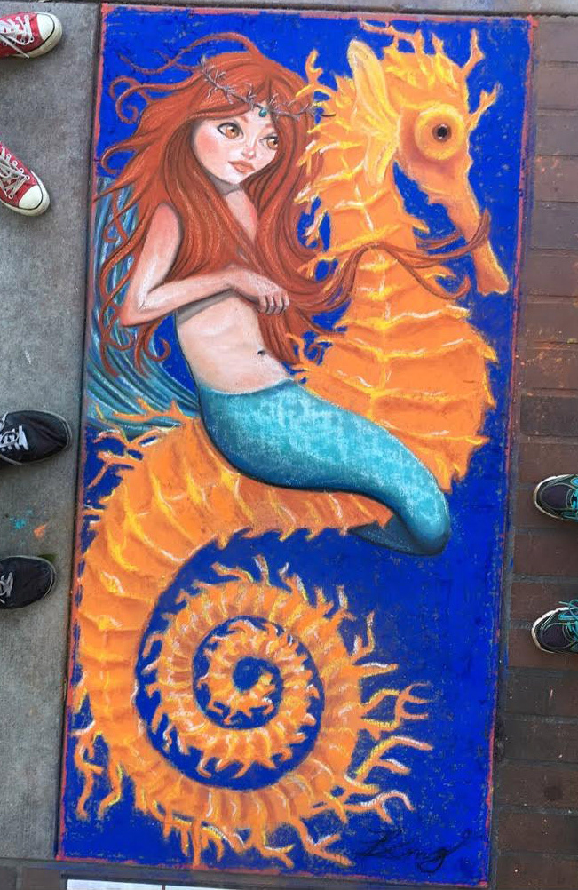 "Mermaid Riding Seahorse," Chalk Pastel on Sidewalk, 2018
