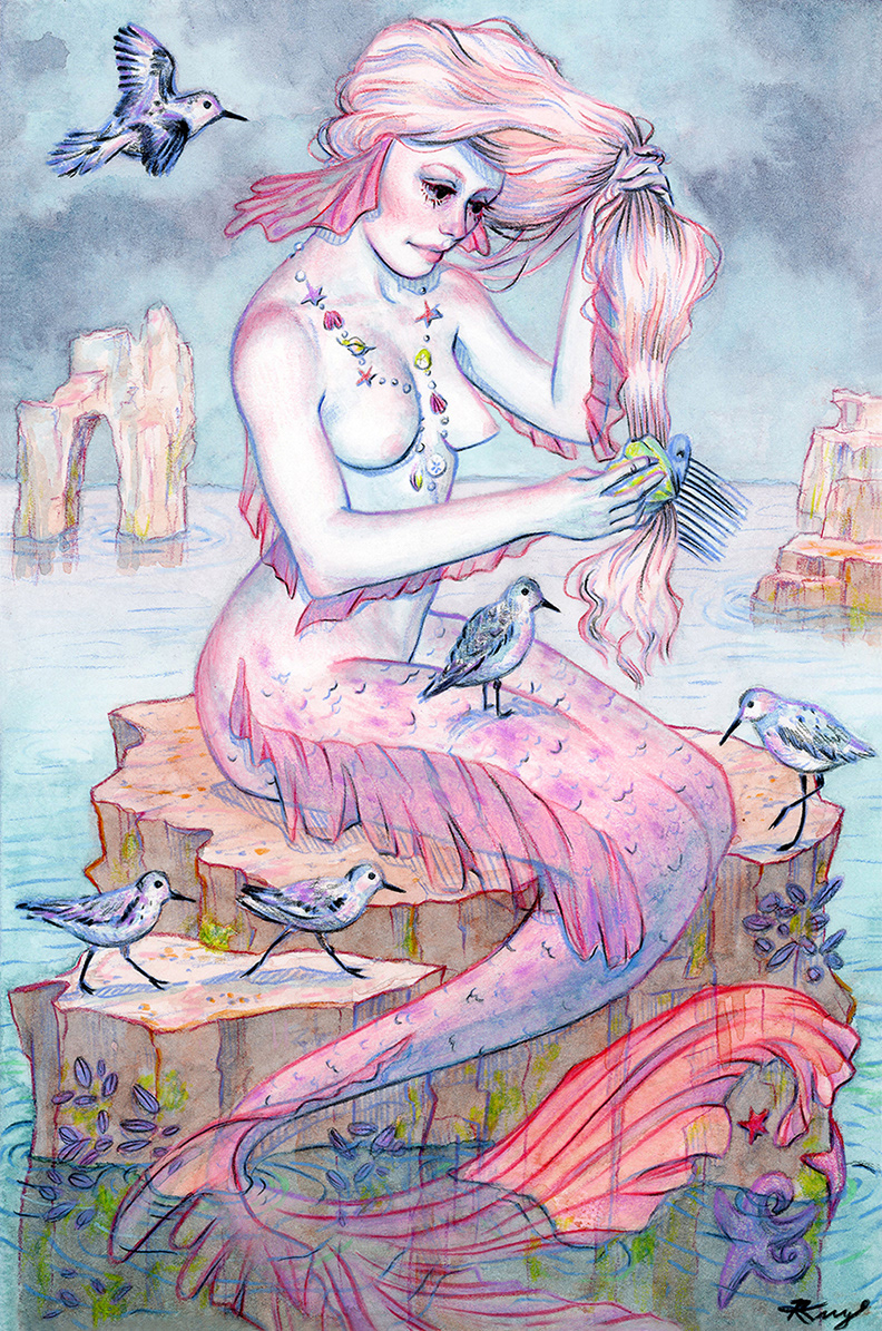 "Pink Mermaid," Watercolor and Colored Pencil, 2023