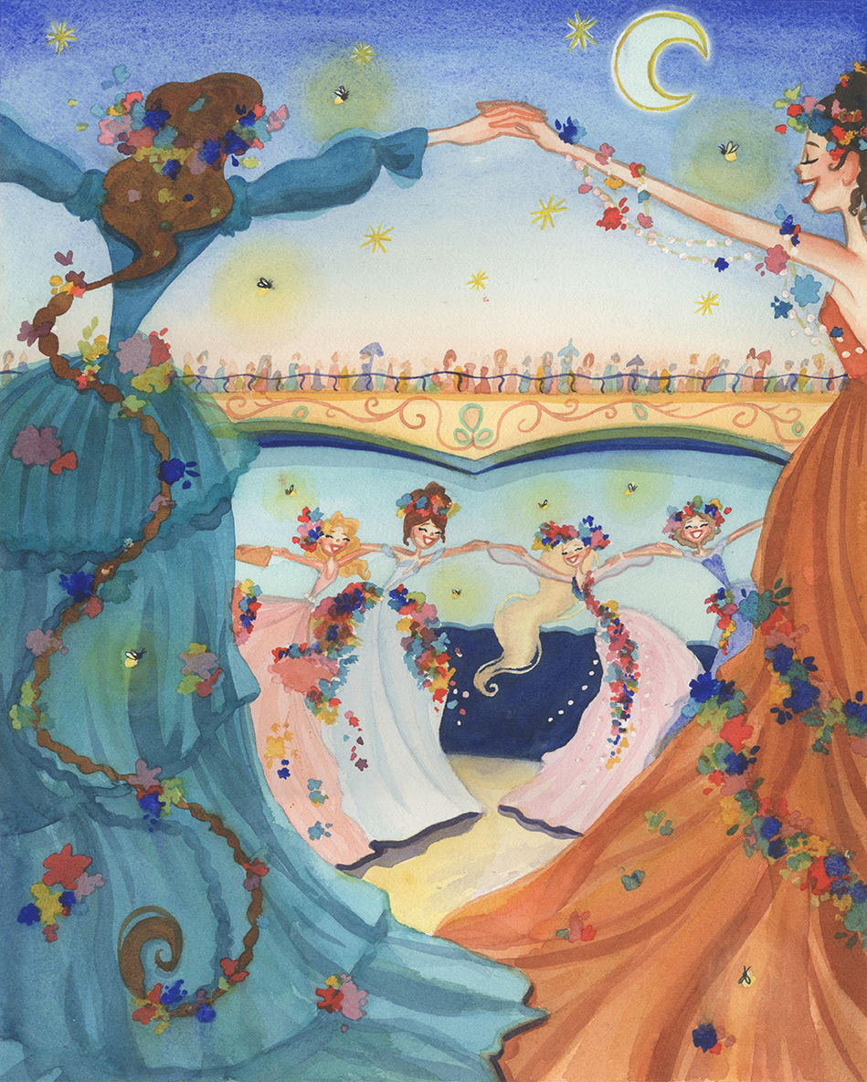"Princesses Dancing," Watercolor and White Gouache, The 12 Dancing Princesses, 2019