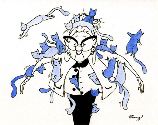 "Crazy Old Cat Lady," Watercolor and Ink, 2019