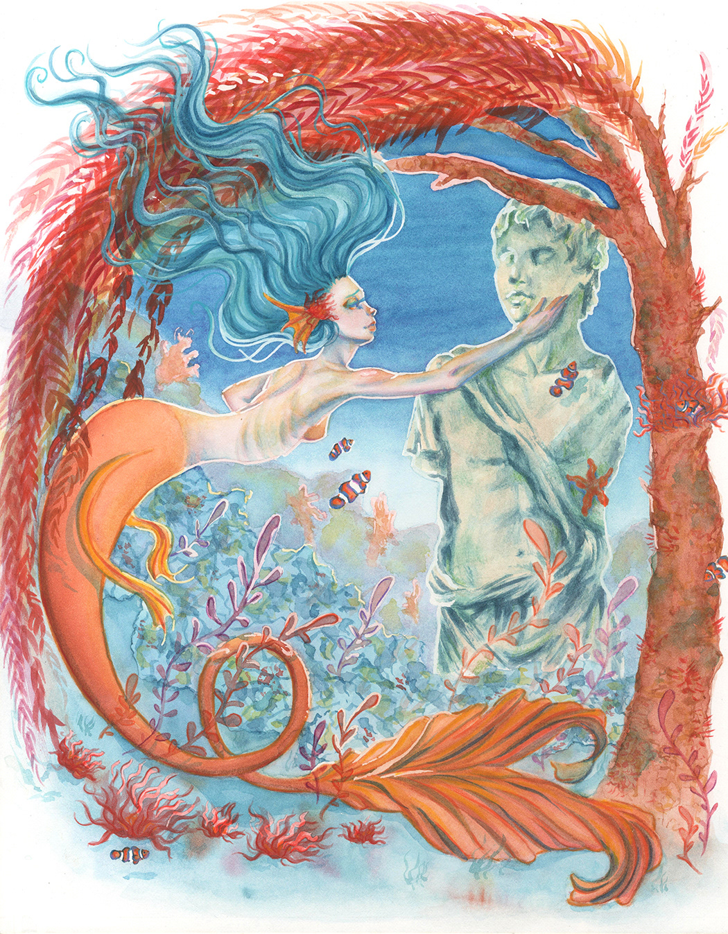 "Mermaid with Statue," Watercolor, The Little Mermaid, 2018