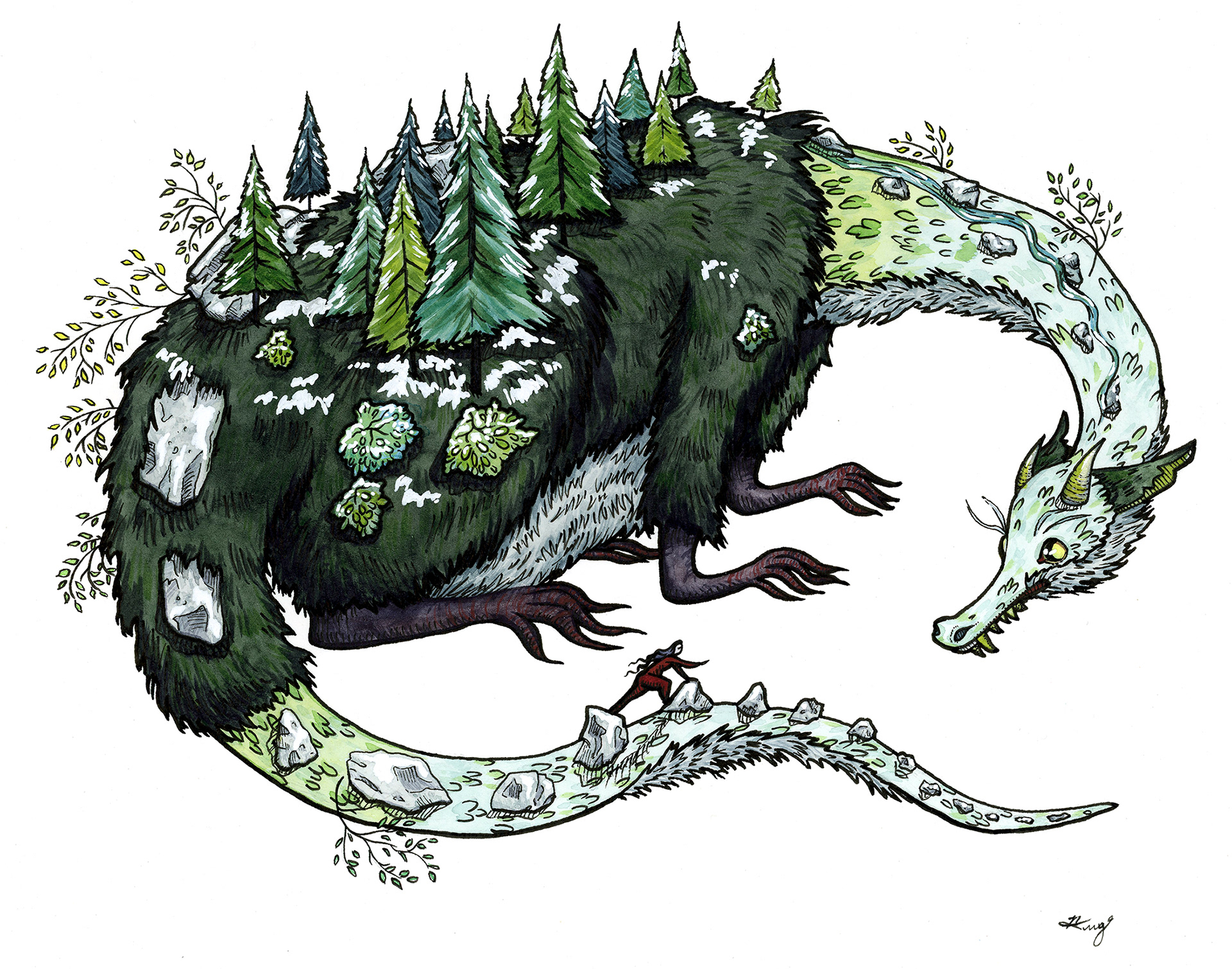 "Wood Dragon," Watercolor and Ink, 2024