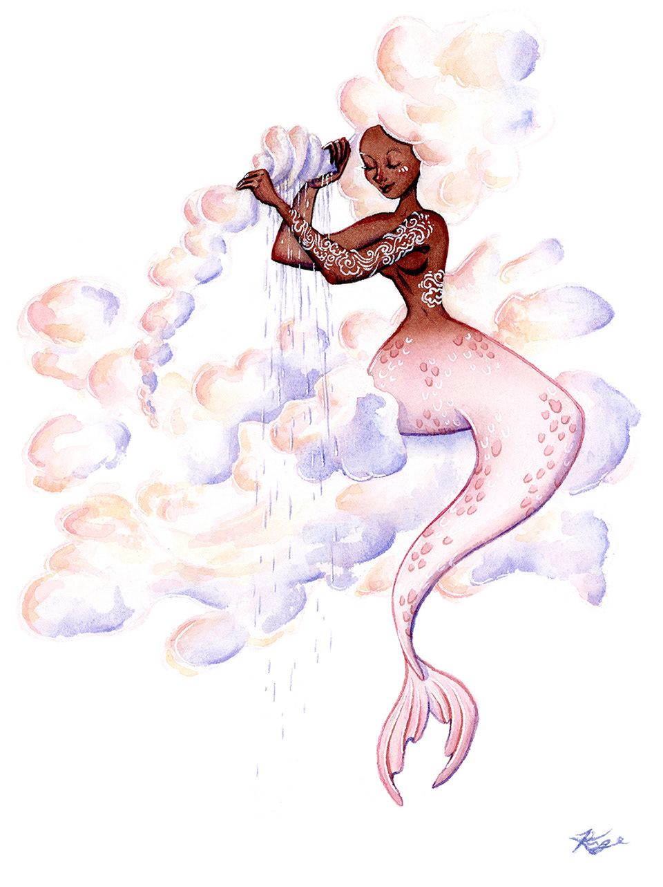 "Cloud Mermaid," Watercolor and Ink, 2023