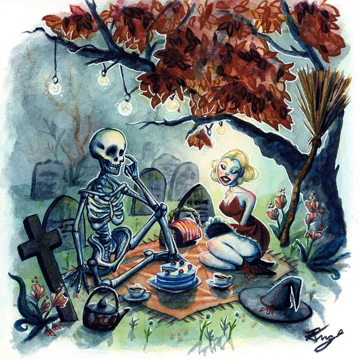 "Skeleton Picnic," Watercolor and Ink, 2022