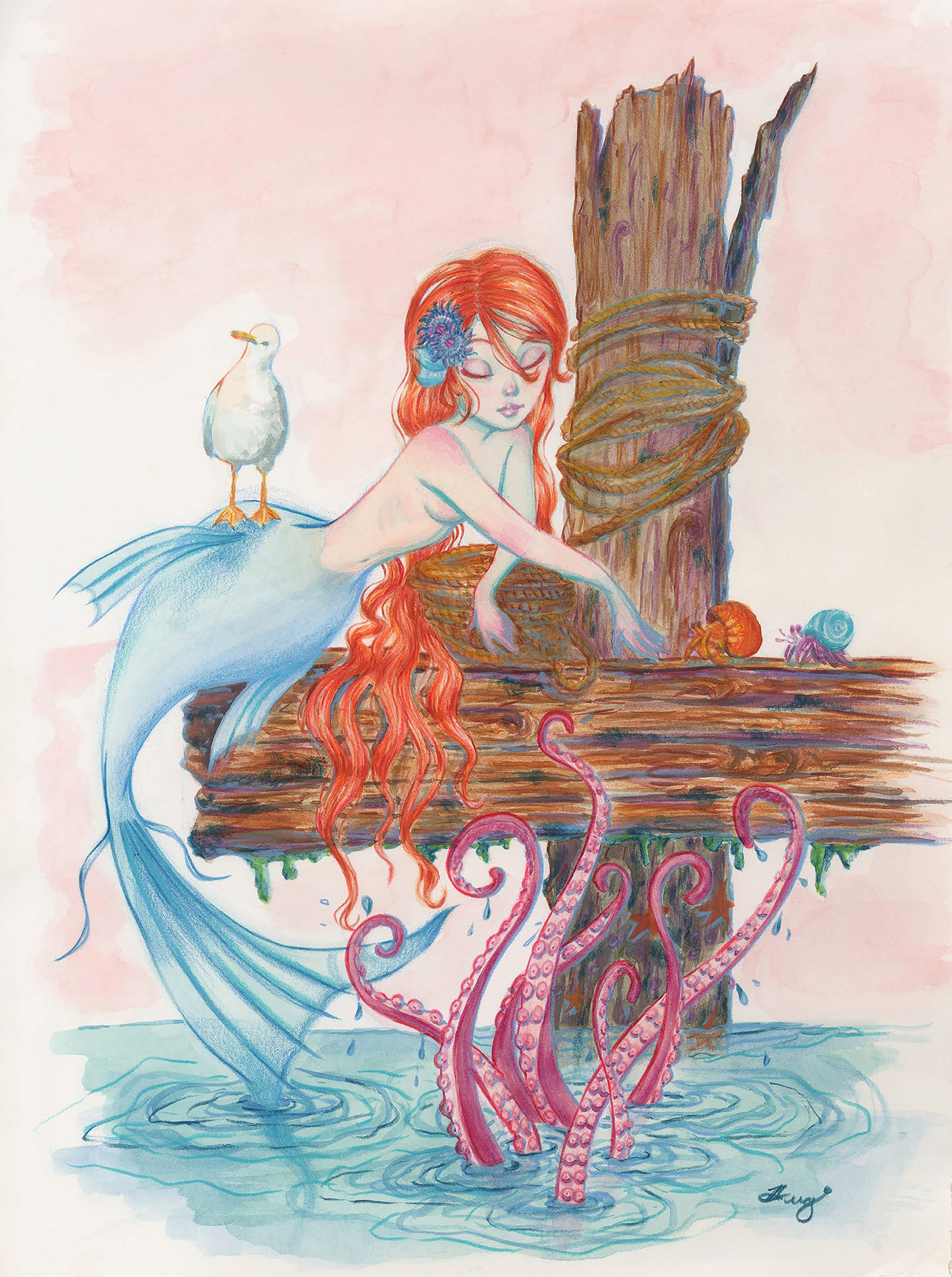 "Mermaid on Dock," Watercolor and Colored Pencil, 2018