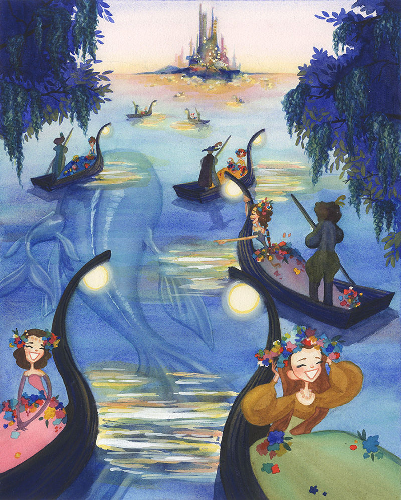 "Across the Lake," Watercolor and White Gouache, The 12 Dancing Princesses, 2019