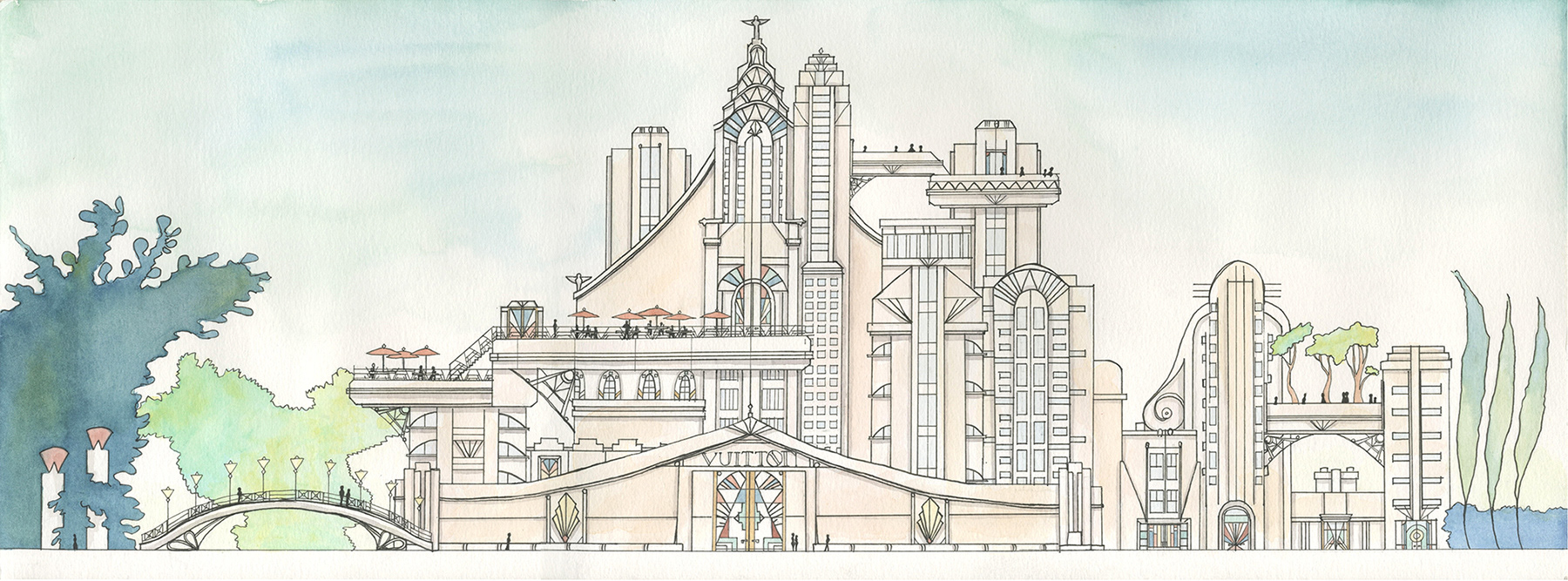 "Art Deco Castle," Watercolor and Ink, 2019