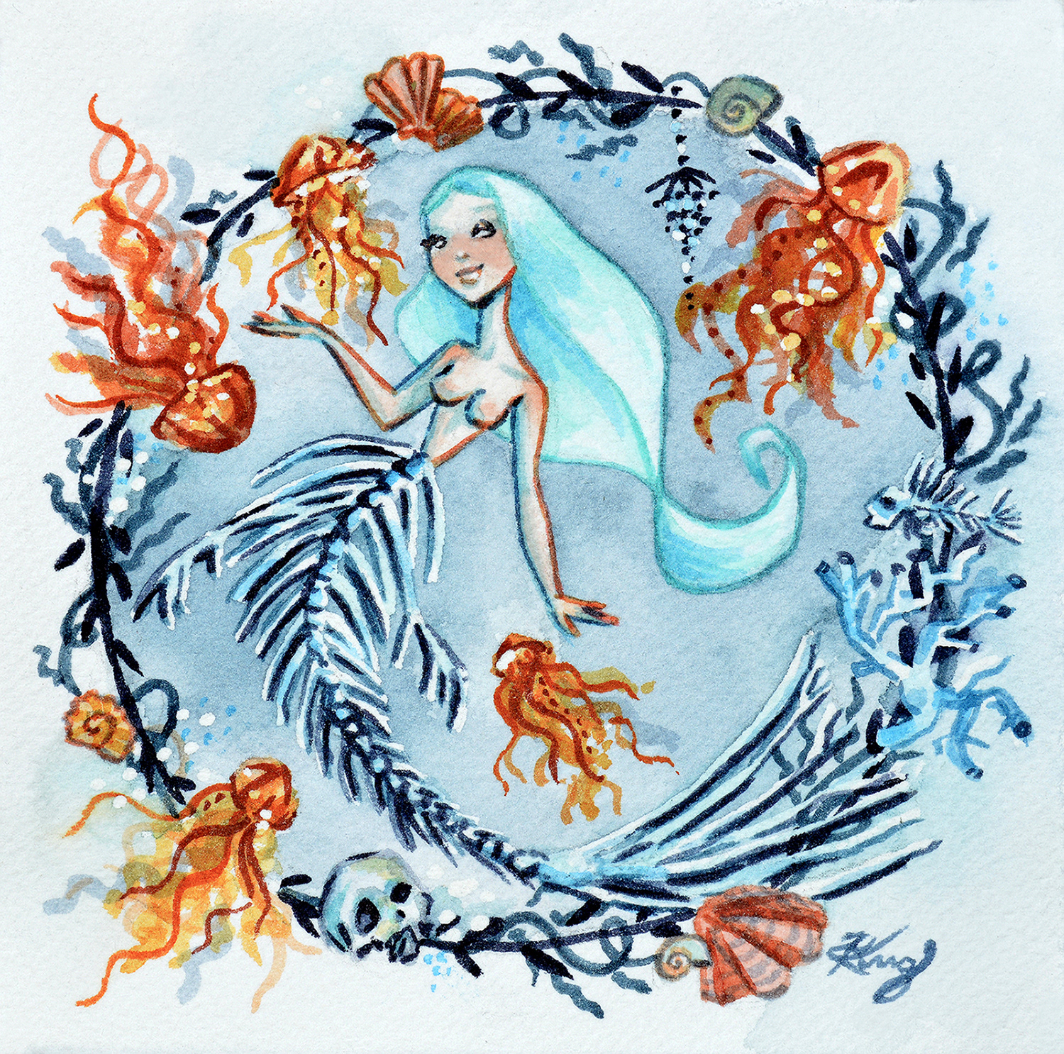 "Jellyfish," Undead Mermaid 1, Watercolor, 2020