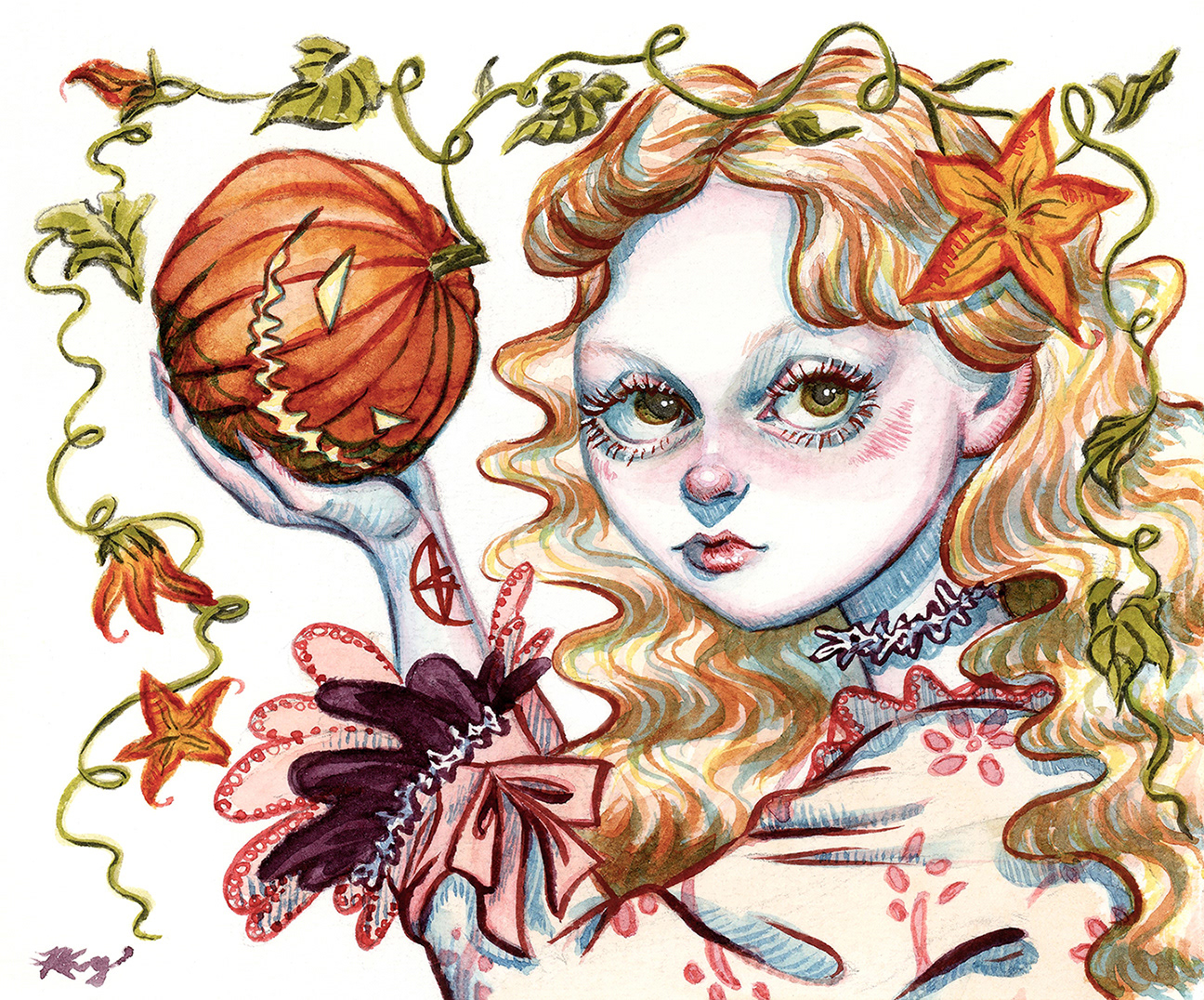"Pumpkin Head," Watercolor, 2022