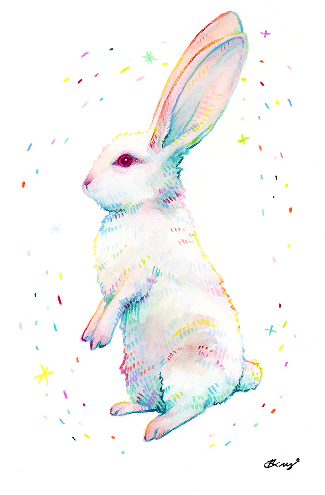 "Rainbow Bunny," Watercolor and Colored Pencil, 2023