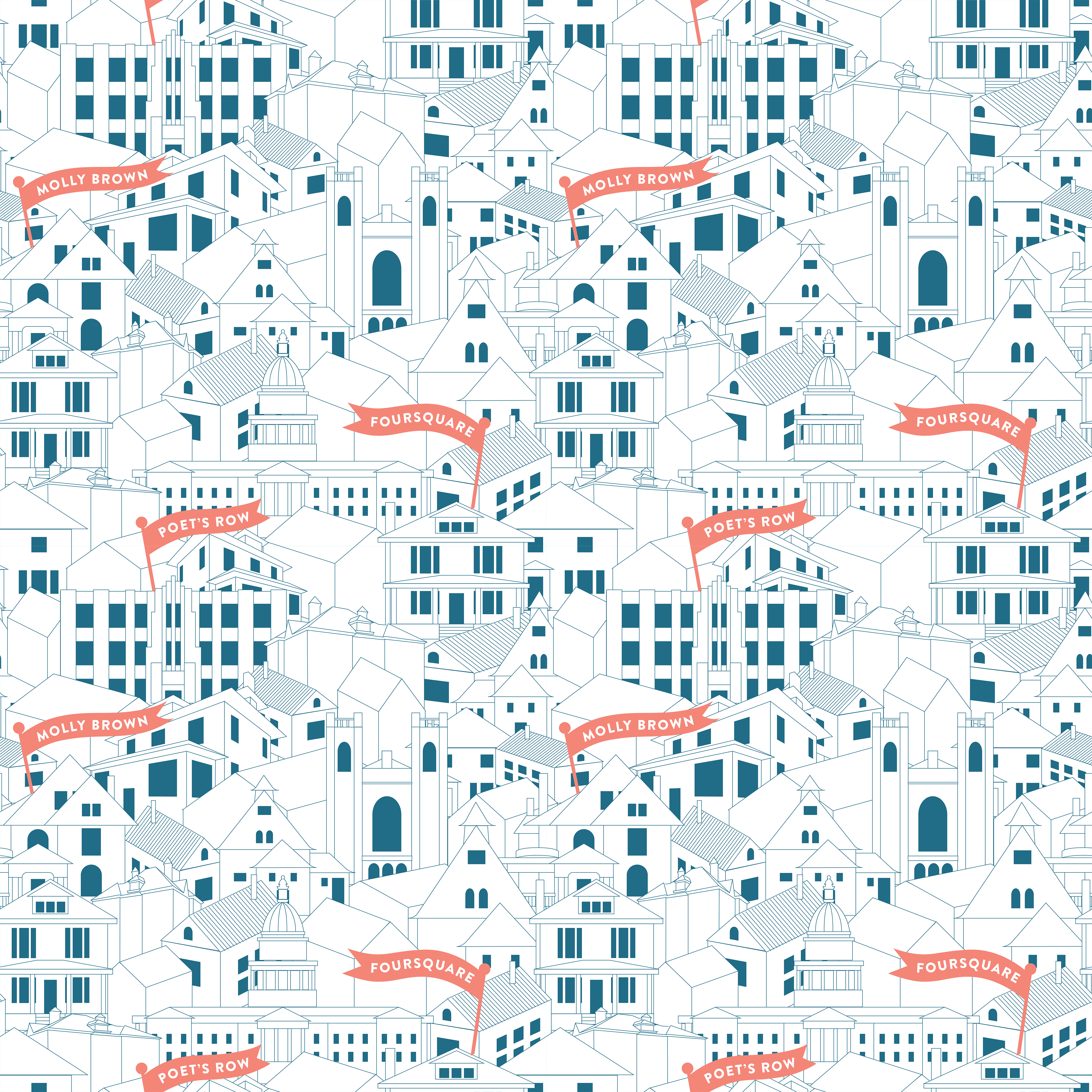 Custom wallpaper pattern illustrating iconic landmarks of the Capitol Hill neighborhood.