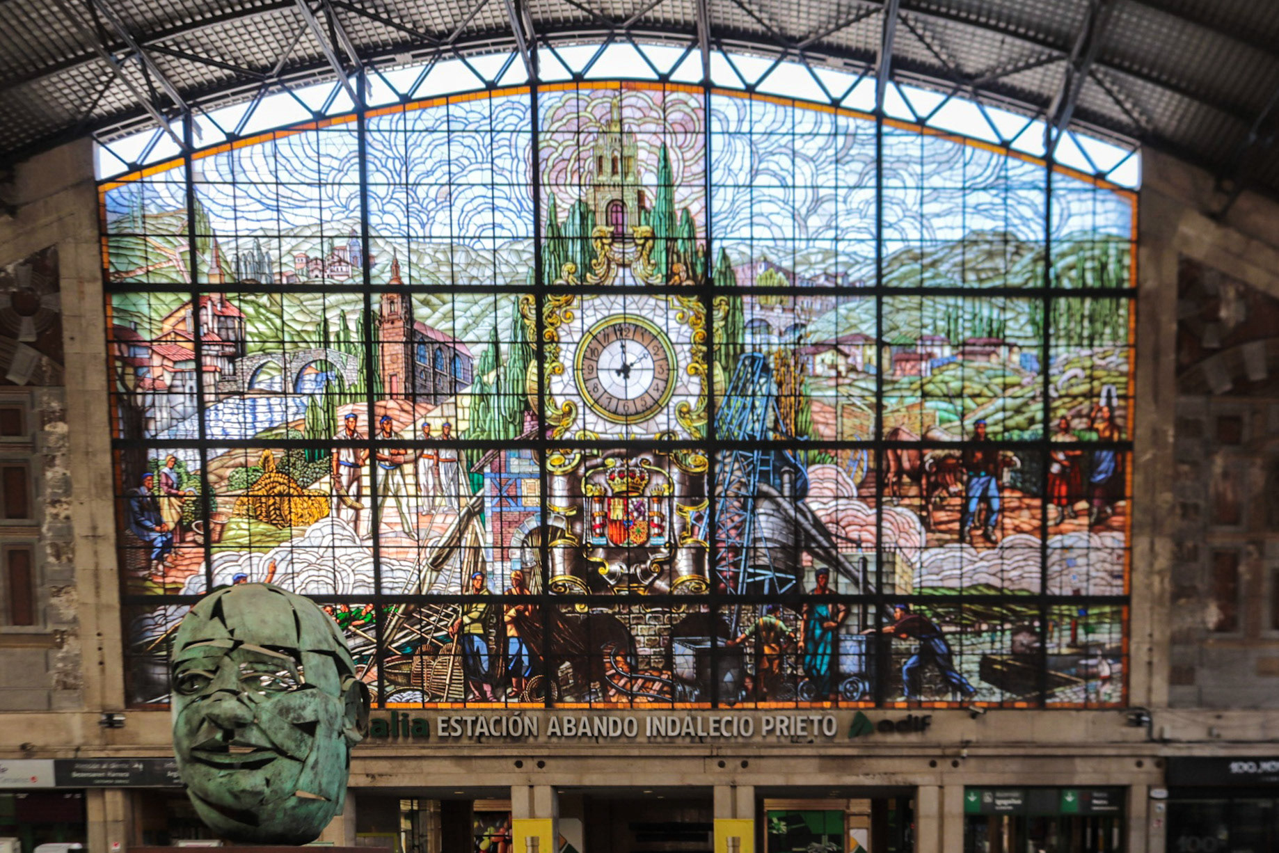 Clock and glass window in Bilbao main station Spain