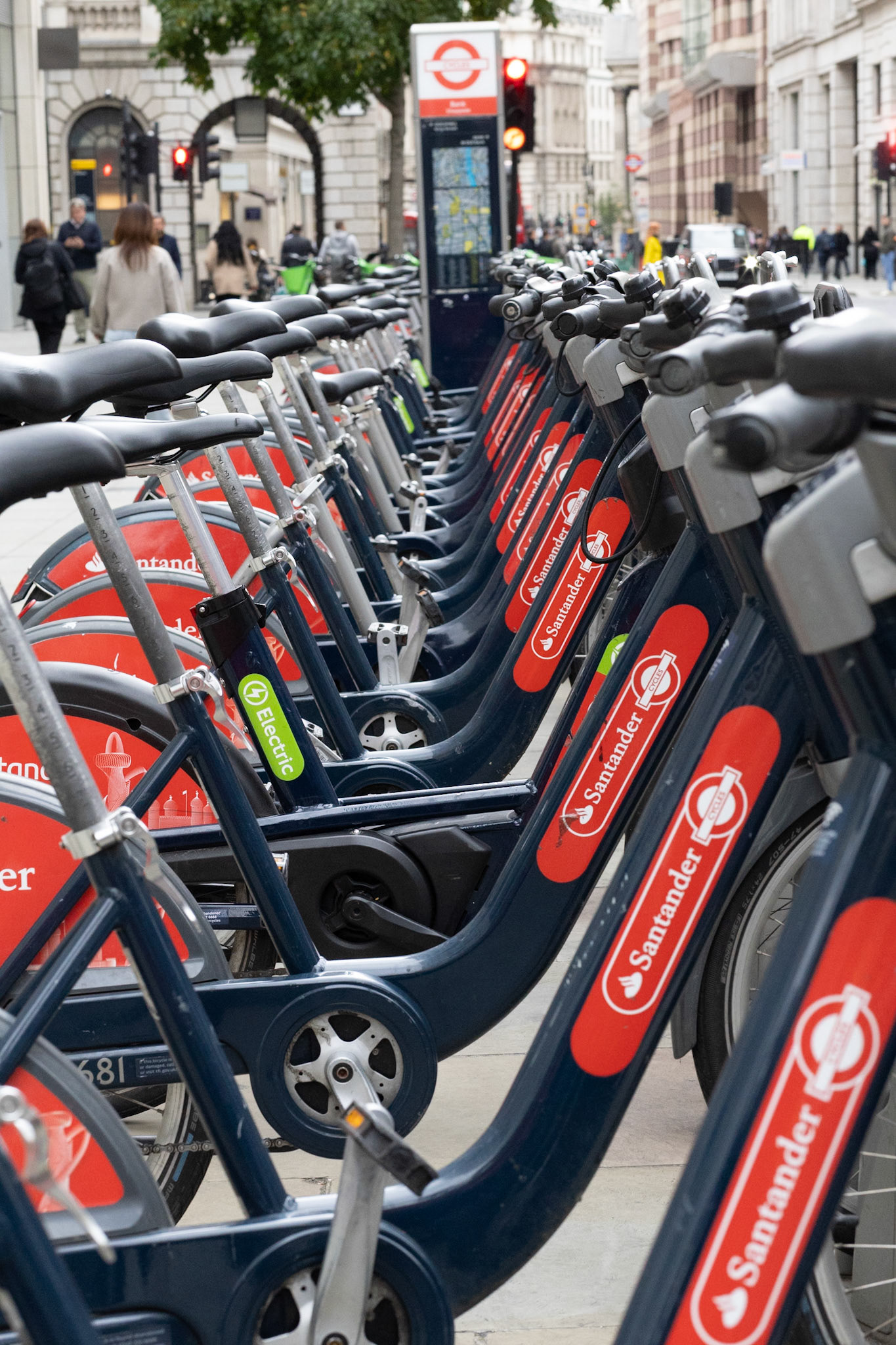 Santander bikes waiting to Uriel in City of Londom