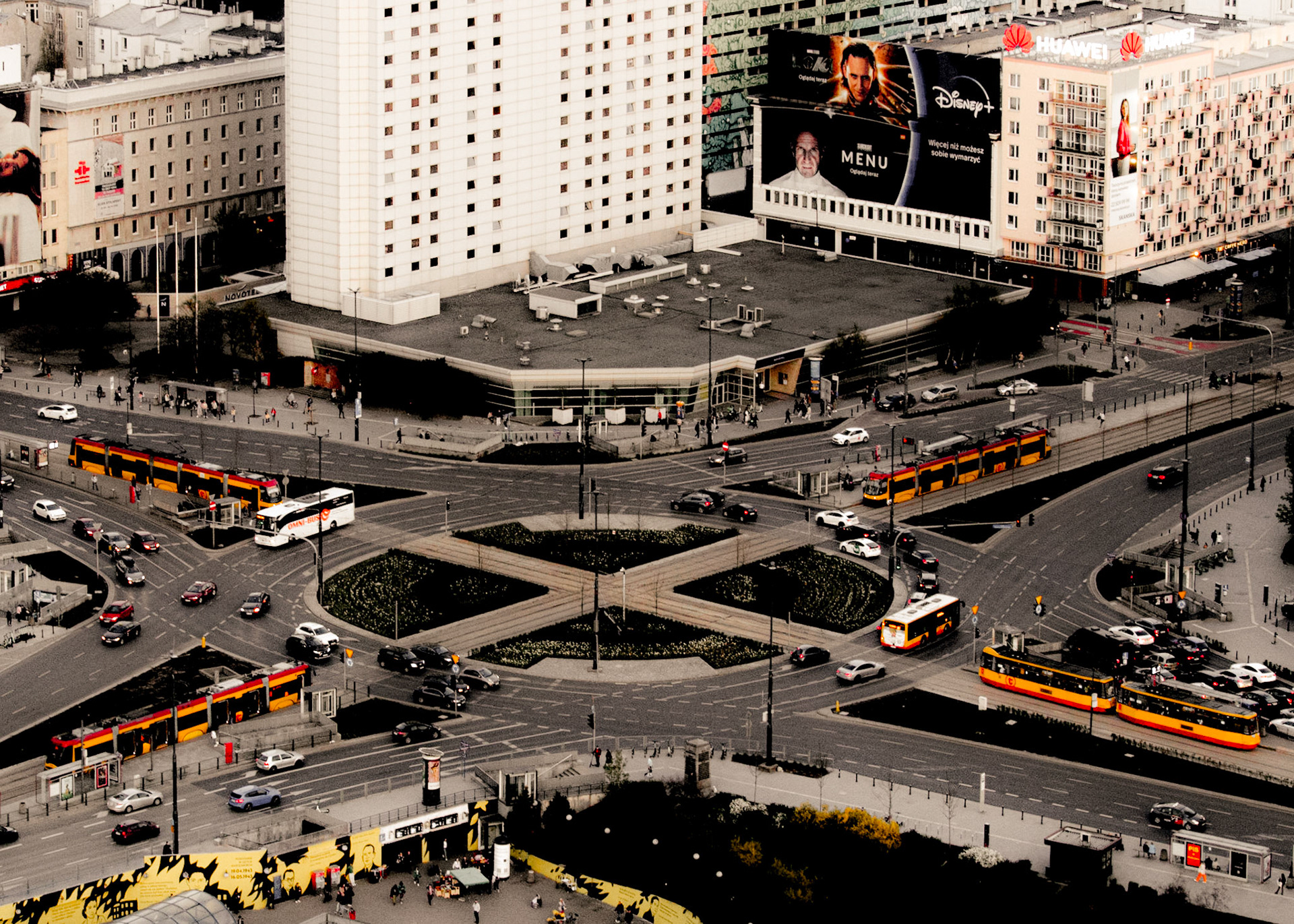View from above where trams cross a roundabout, Warsaw Poland