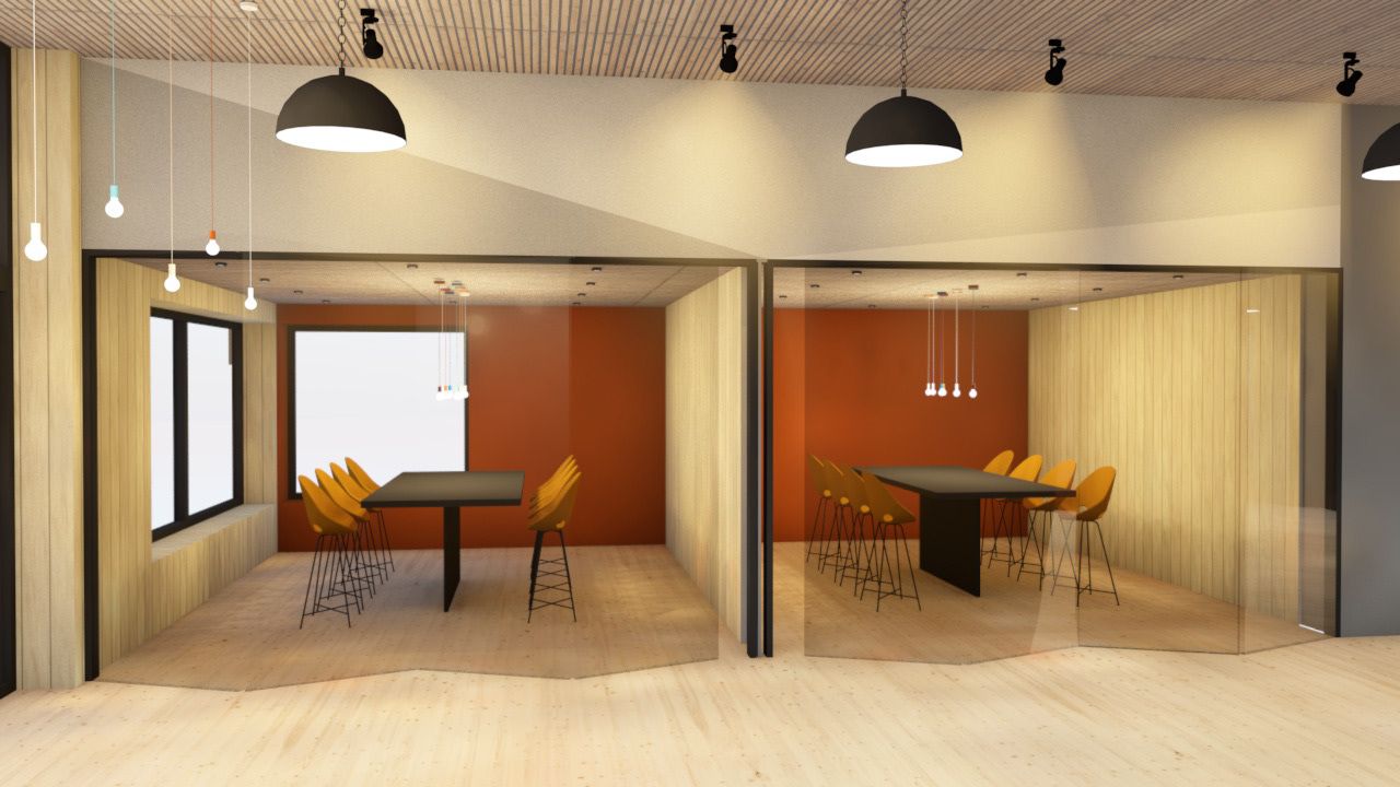 Meeting rooms with glass doors are added to offer privacy for group discussions or faculty lunch meetings.