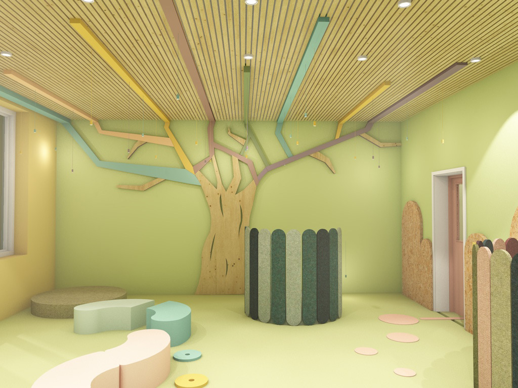 In the interiors emphasis was made opening up the space for play, and on joyful color choices and lasting materials.