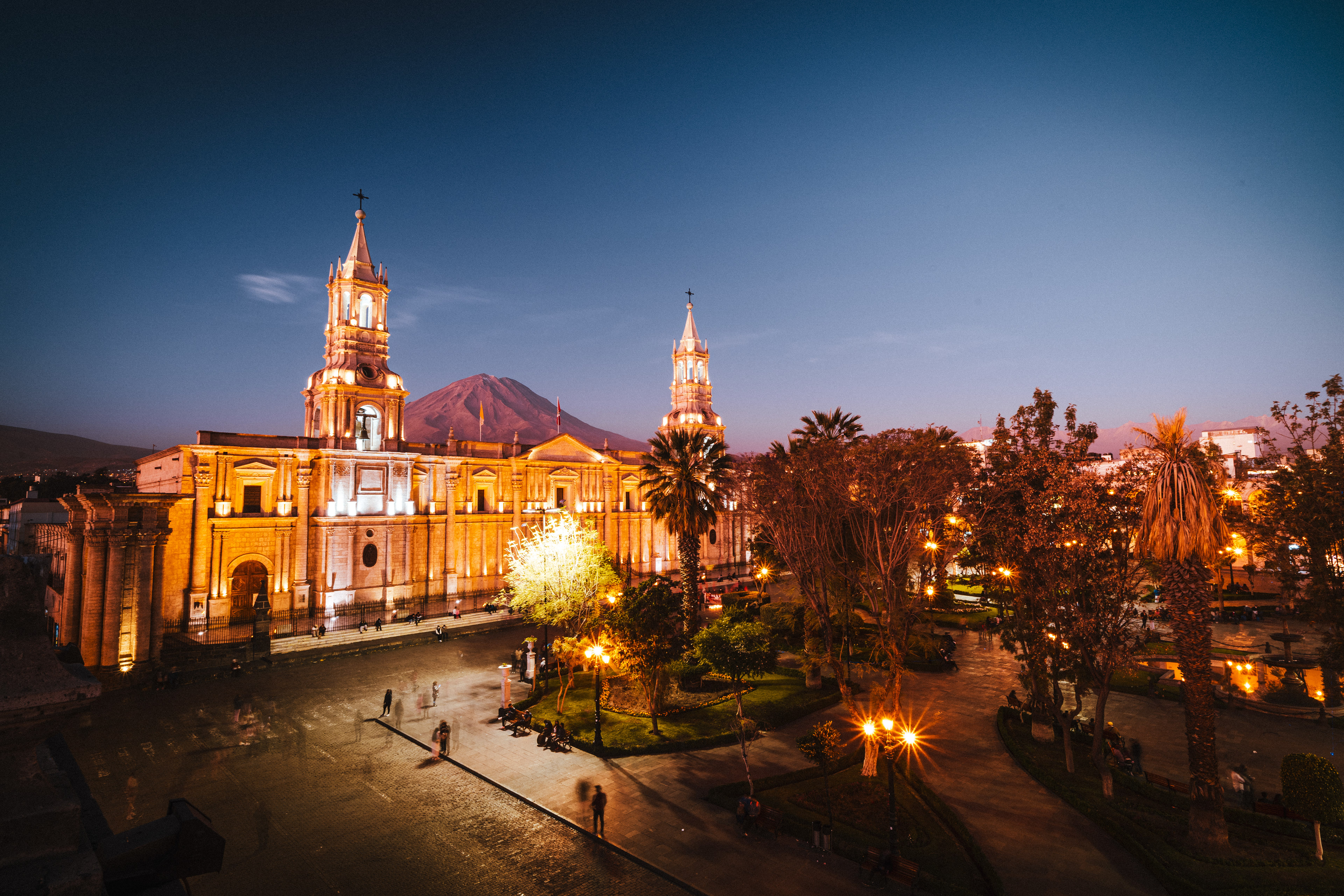 The main Plaza of Arequipa in southern Peru at blue hour