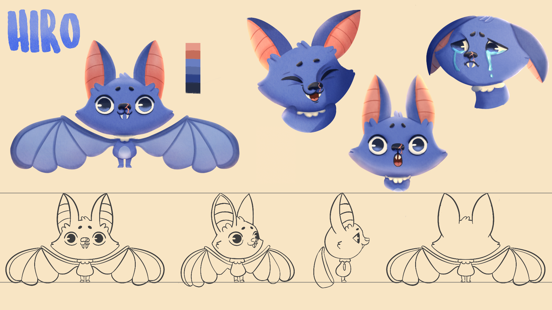 Initial "Hiro" concept sheet with turnaround, expressions and color palette for VFS thesis project.