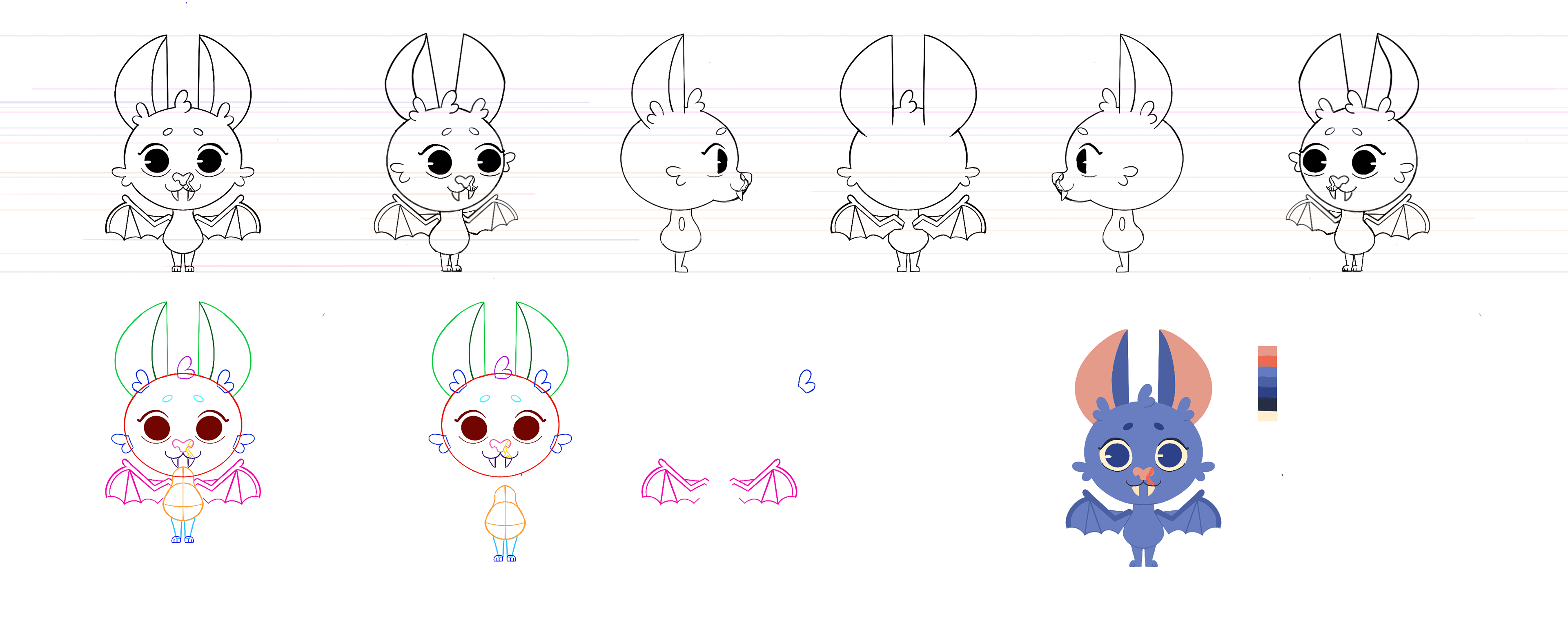 Revised "Hiro" sheet with turnaround & shape break downs for animation for VFS thesis project.