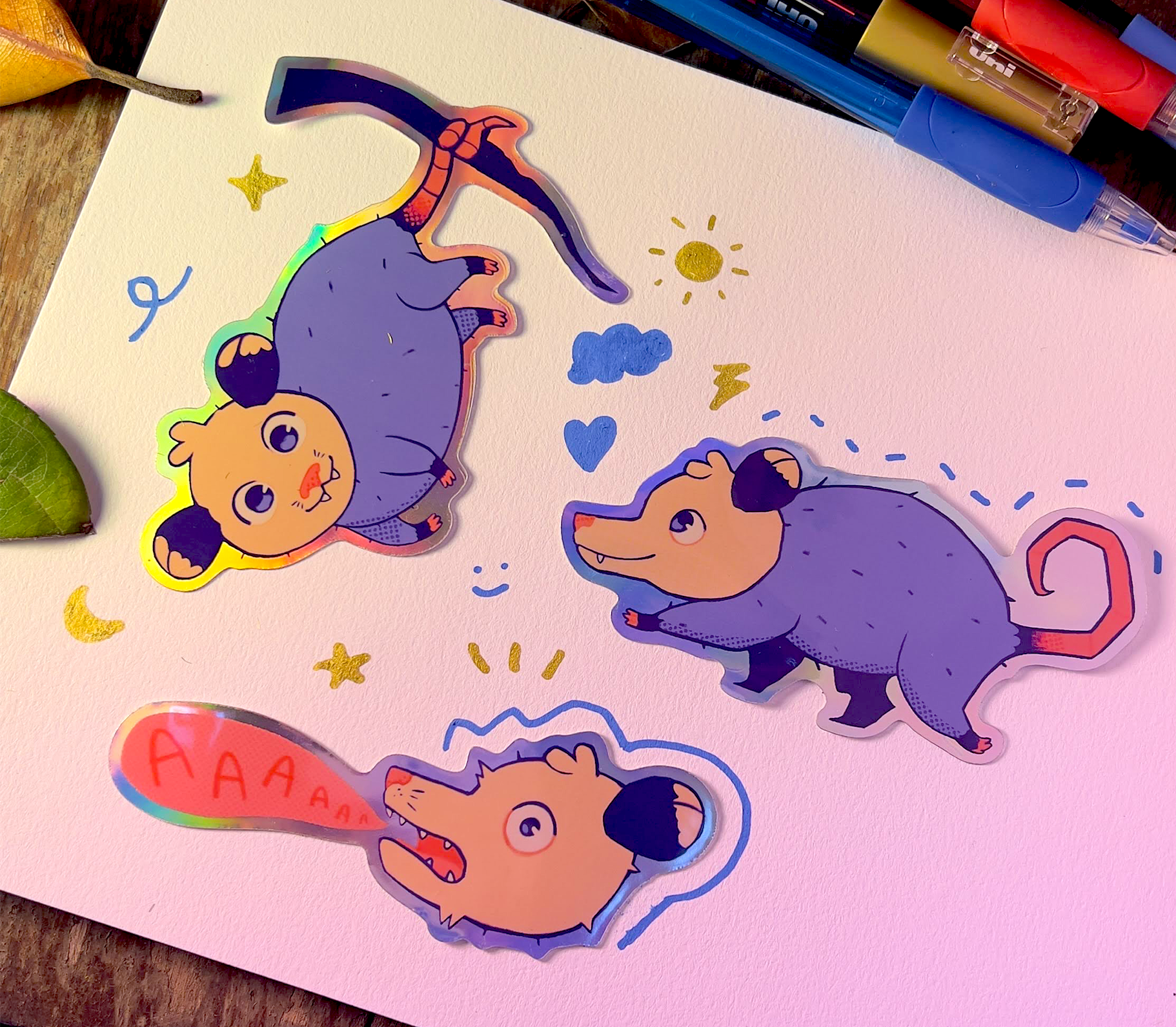 Opossum large holographic stickers