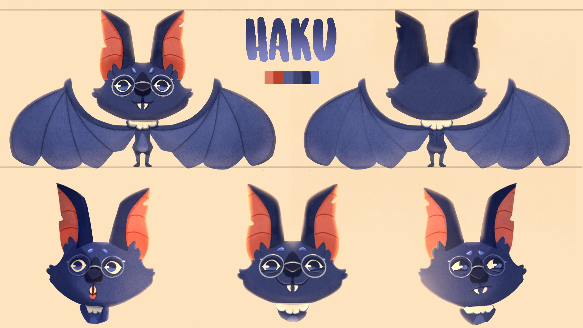 "Haky" character sheet with turnaround, expressions and color palette for VFS thesis project.
