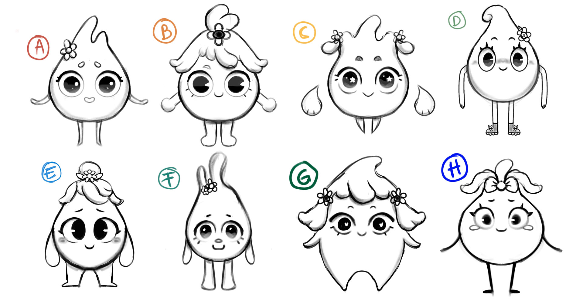 Main character "Drip" design proposal sketches for Craft Lady Productions