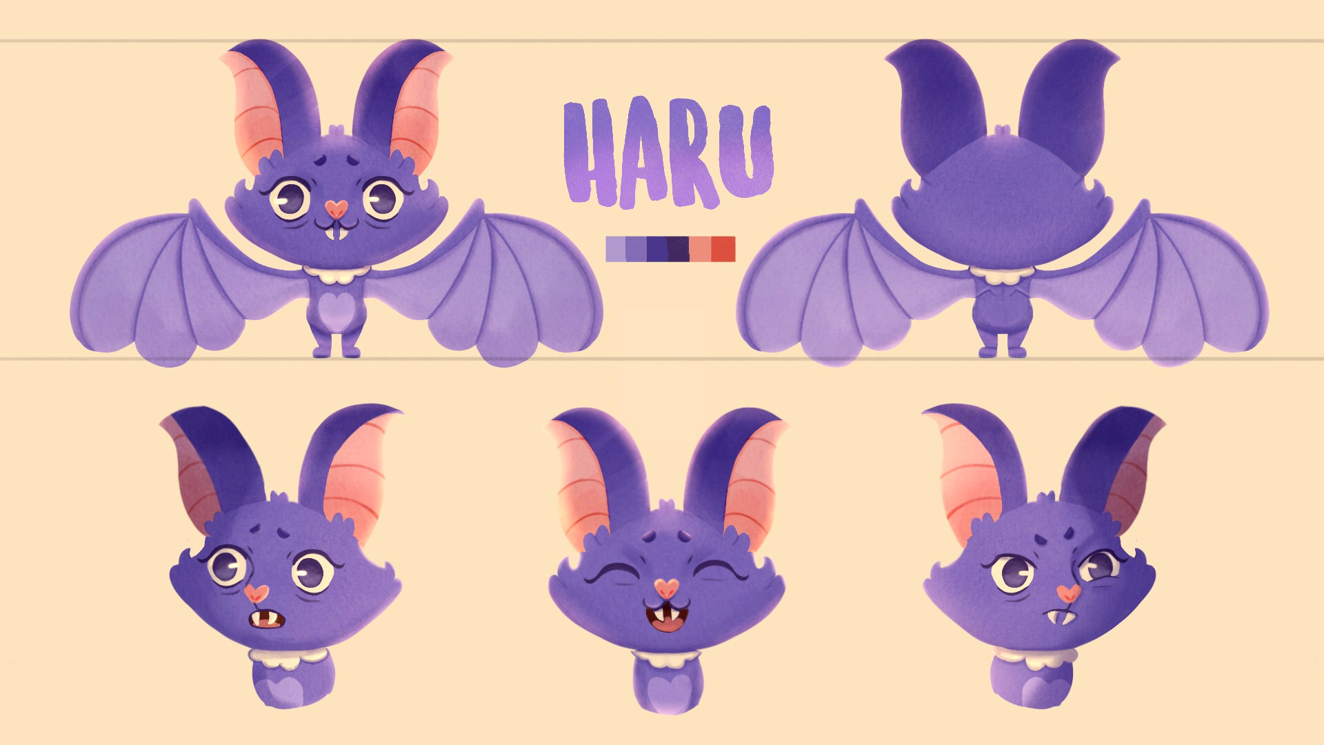 "Haru" character sheet with turnaround, expressions and color palette for VFS thesis project.
