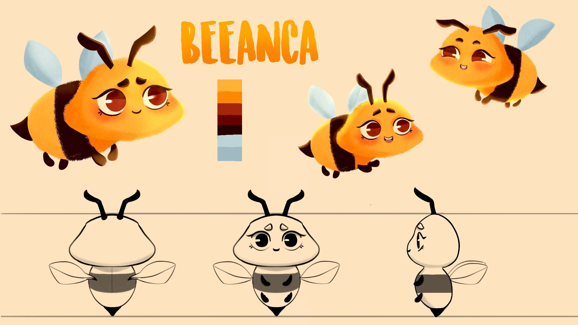 Beeanca character sheet with turnaround, expressions and color palette for VFS thesis project.