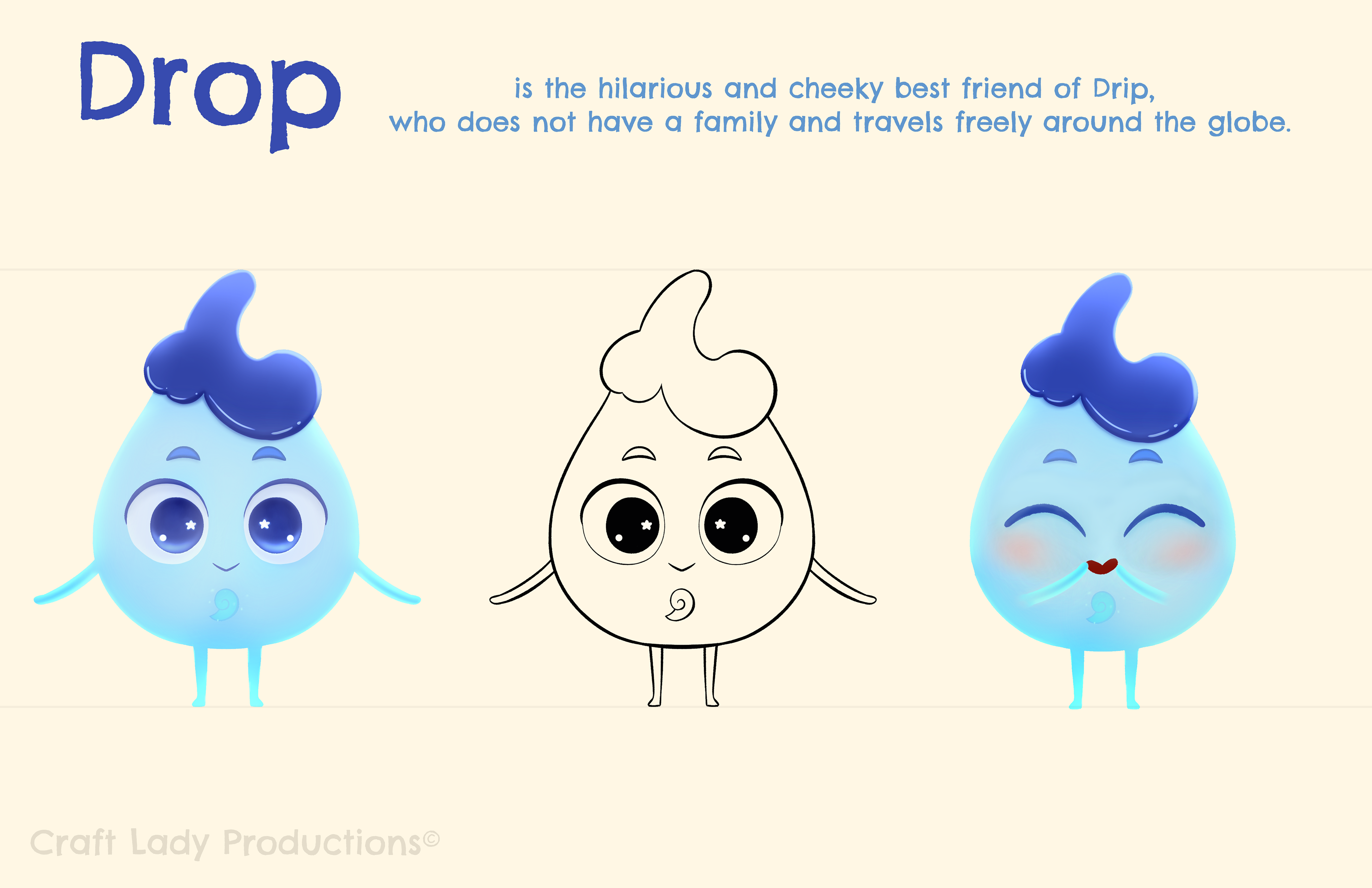Final character sheet of sibling character "Drop" for Craft Lady Productions.