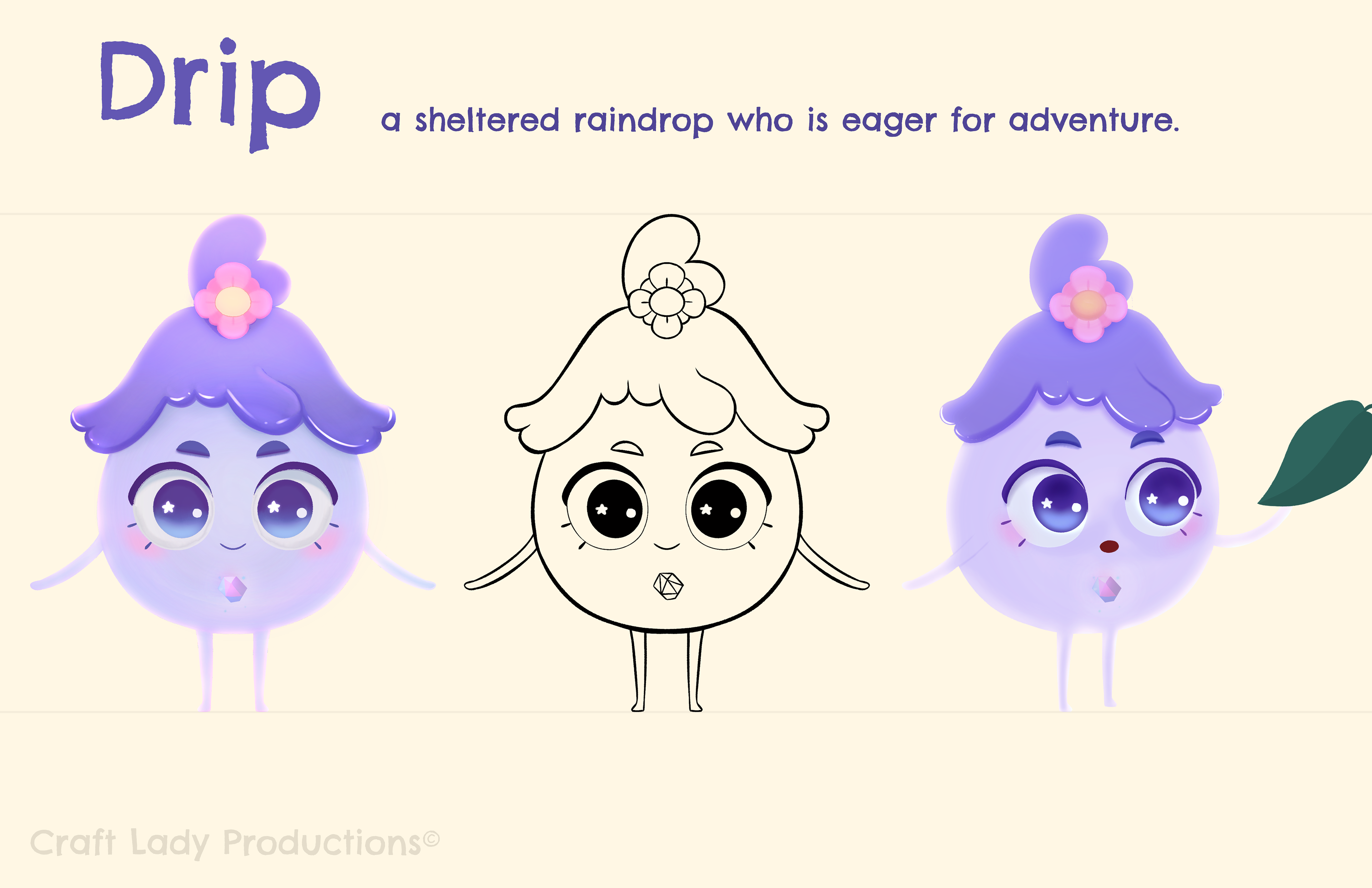 Final character sheet of main character "Drip" for Craft Lady Productions.
